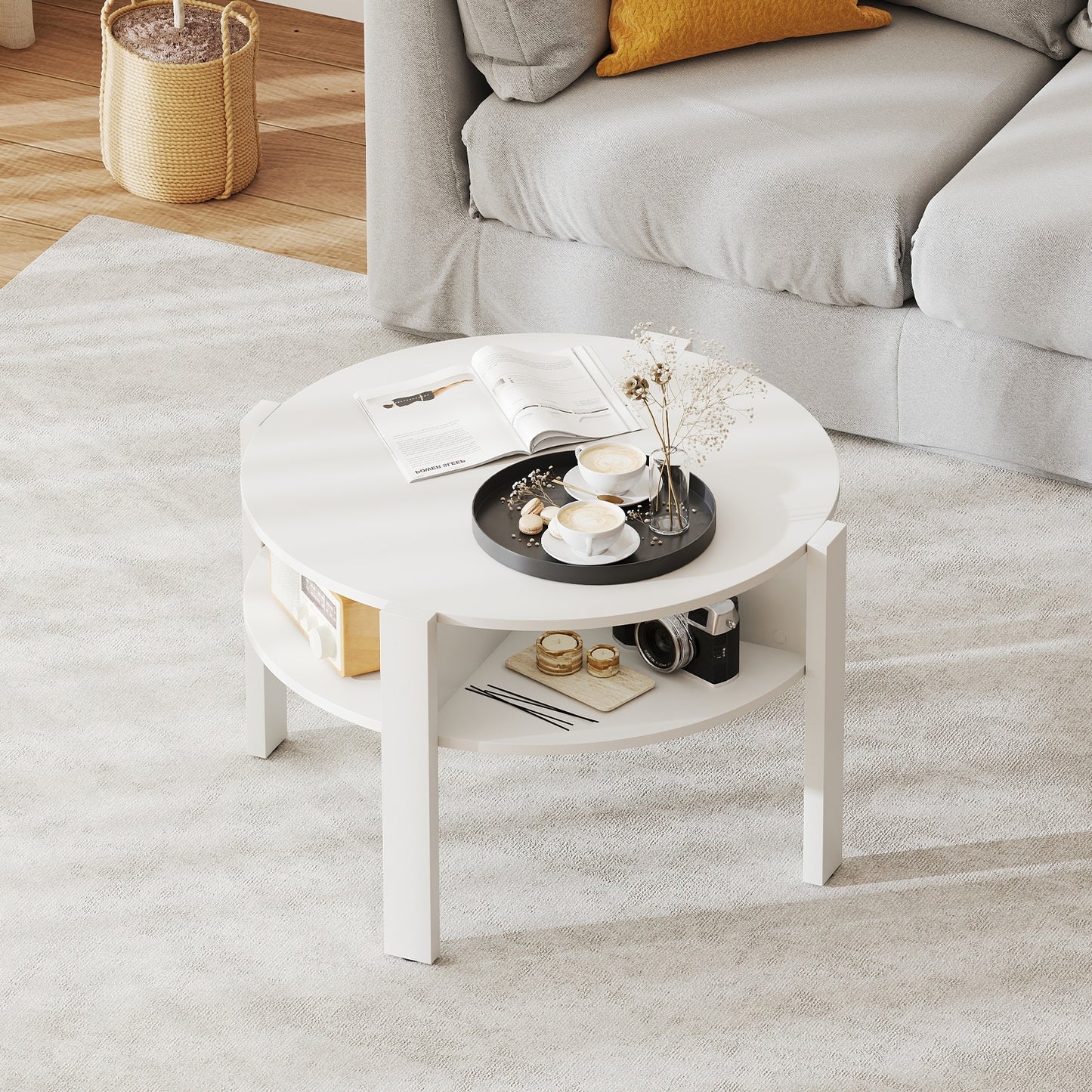 Round Coffee Table with Storage Shelves for Small Spaces - White