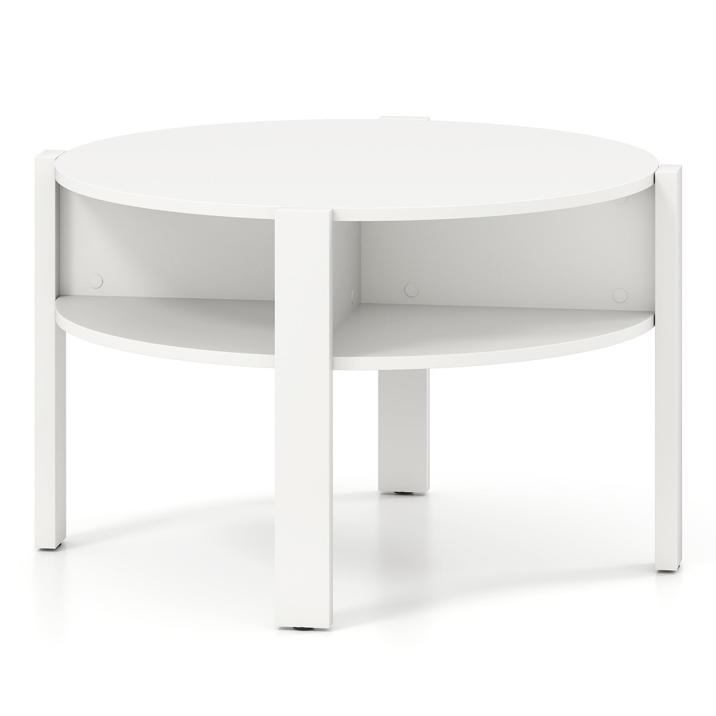 Round Coffee Table with Storage Shelves for Small Spaces - White