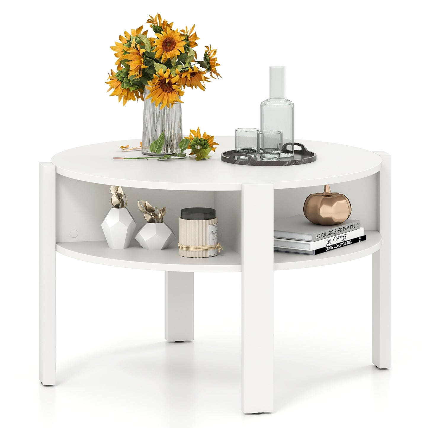 Round Coffee Table with Storage Shelves for Small Spaces - White