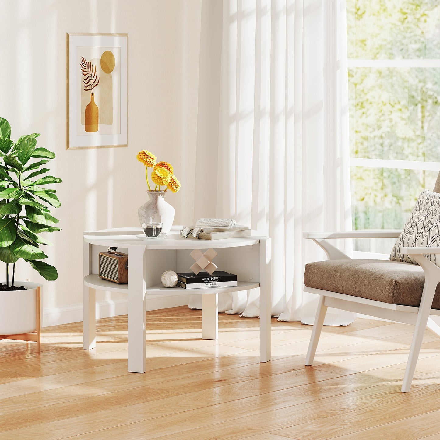 Round Coffee Table with Storage Shelves for Small Spaces - White