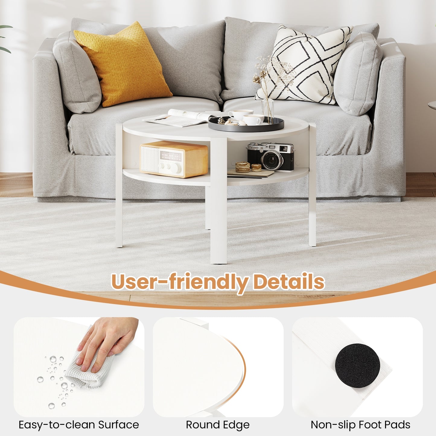 Round Coffee Table with Storage Shelves for Small Spaces - White