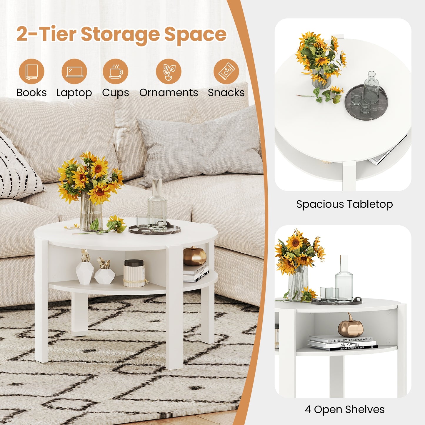 Round Coffee Table with Storage Shelves for Small Spaces - White