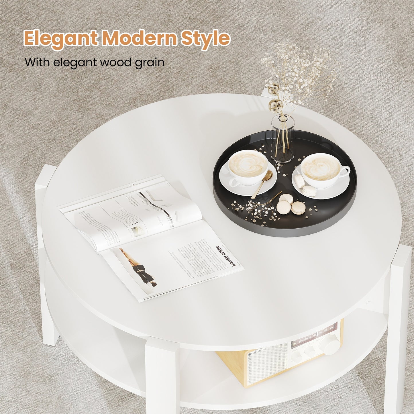 Round Coffee Table with Storage Shelves for Small Spaces - White