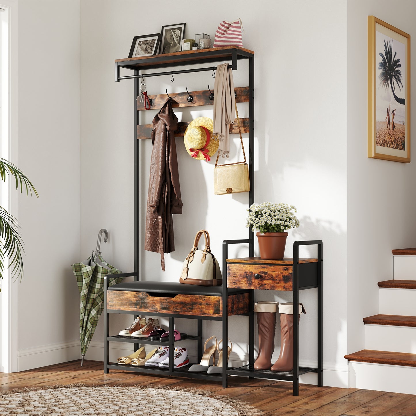 5-in-1 Hall Tree with Shoe Storage Bench and Freestanding Coat Rack 70 Inch