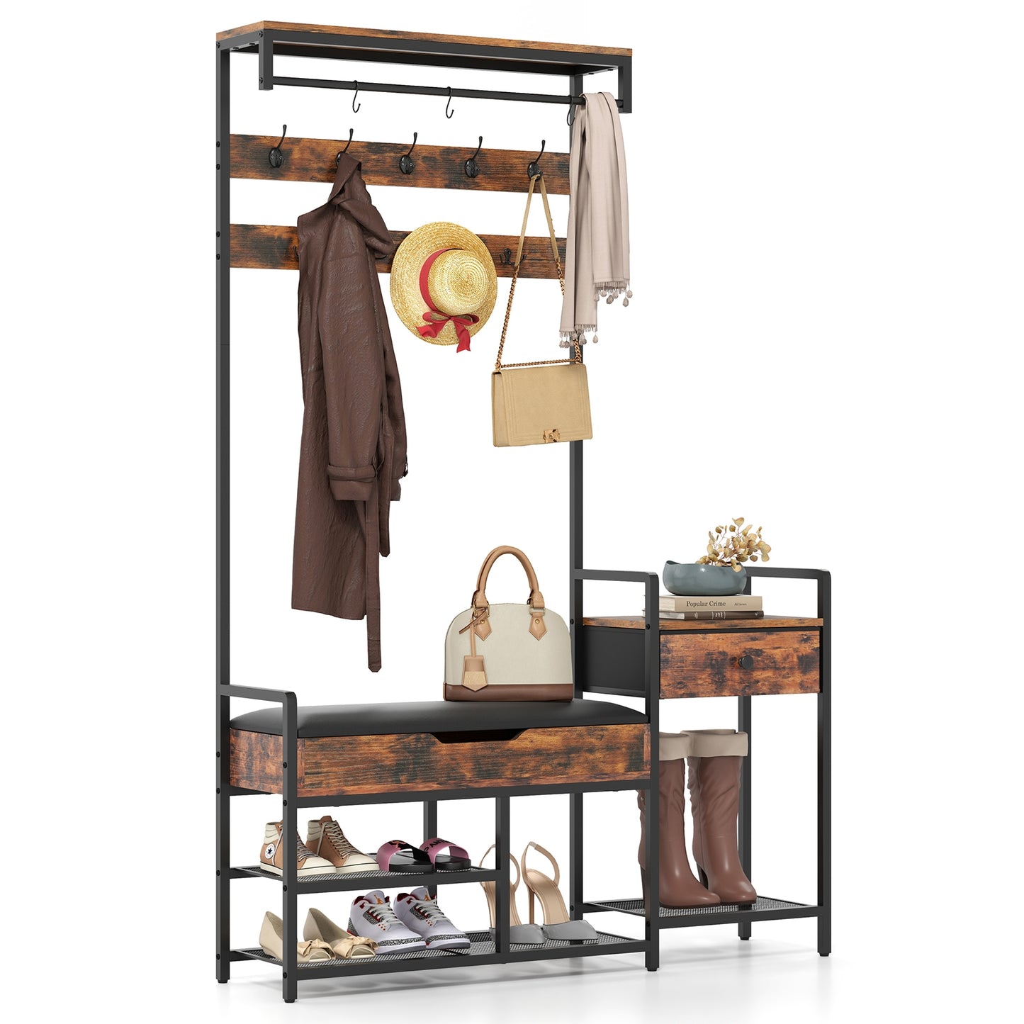 5-in-1 Hall Tree with Shoe Storage Bench and Freestanding Coat Rack 70 Inch
