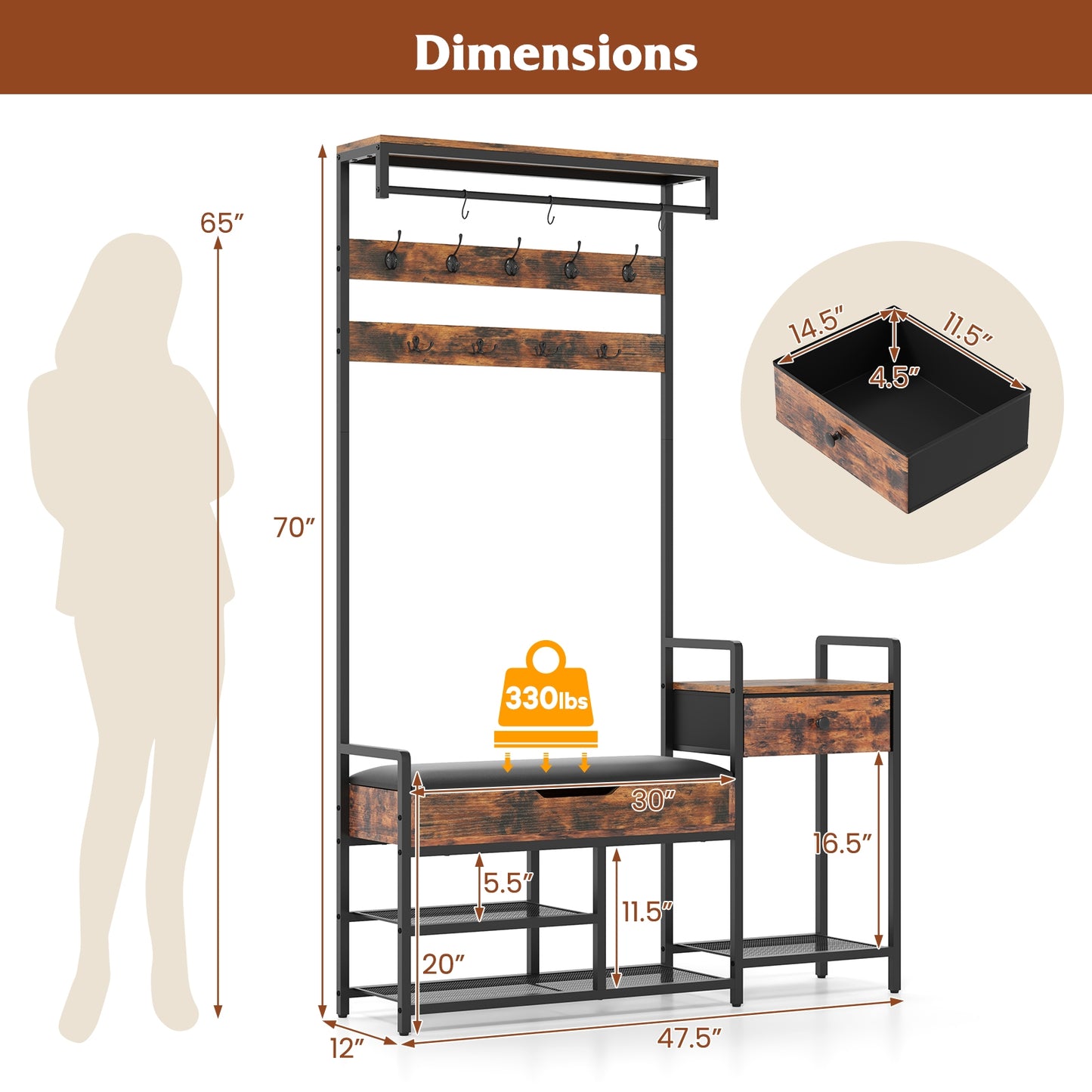 5-in-1 Hall Tree with Shoe Storage Bench and Freestanding Coat Rack 70 Inch