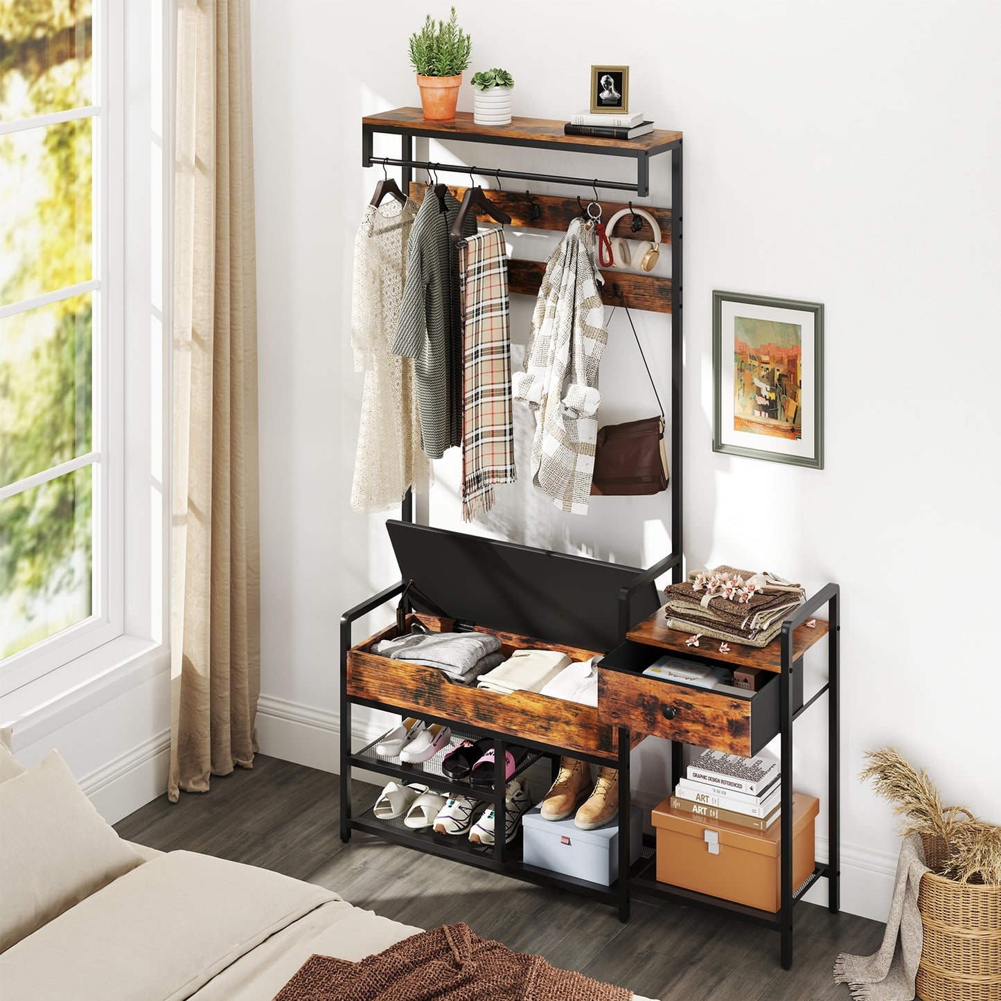 5-in-1 Hall Tree with Shoe Storage Bench and Freestanding Coat Rack 70 Inch