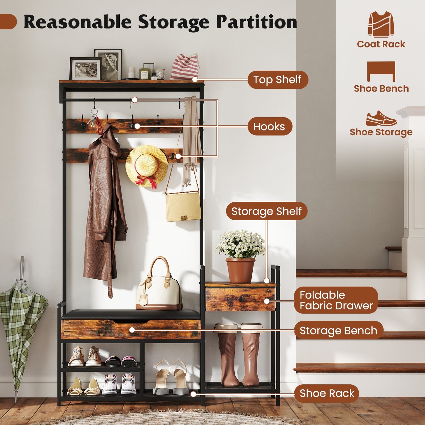 5-in-1 Hall Tree with Shoe Storage Bench and Freestanding Coat Rack 70 Inch