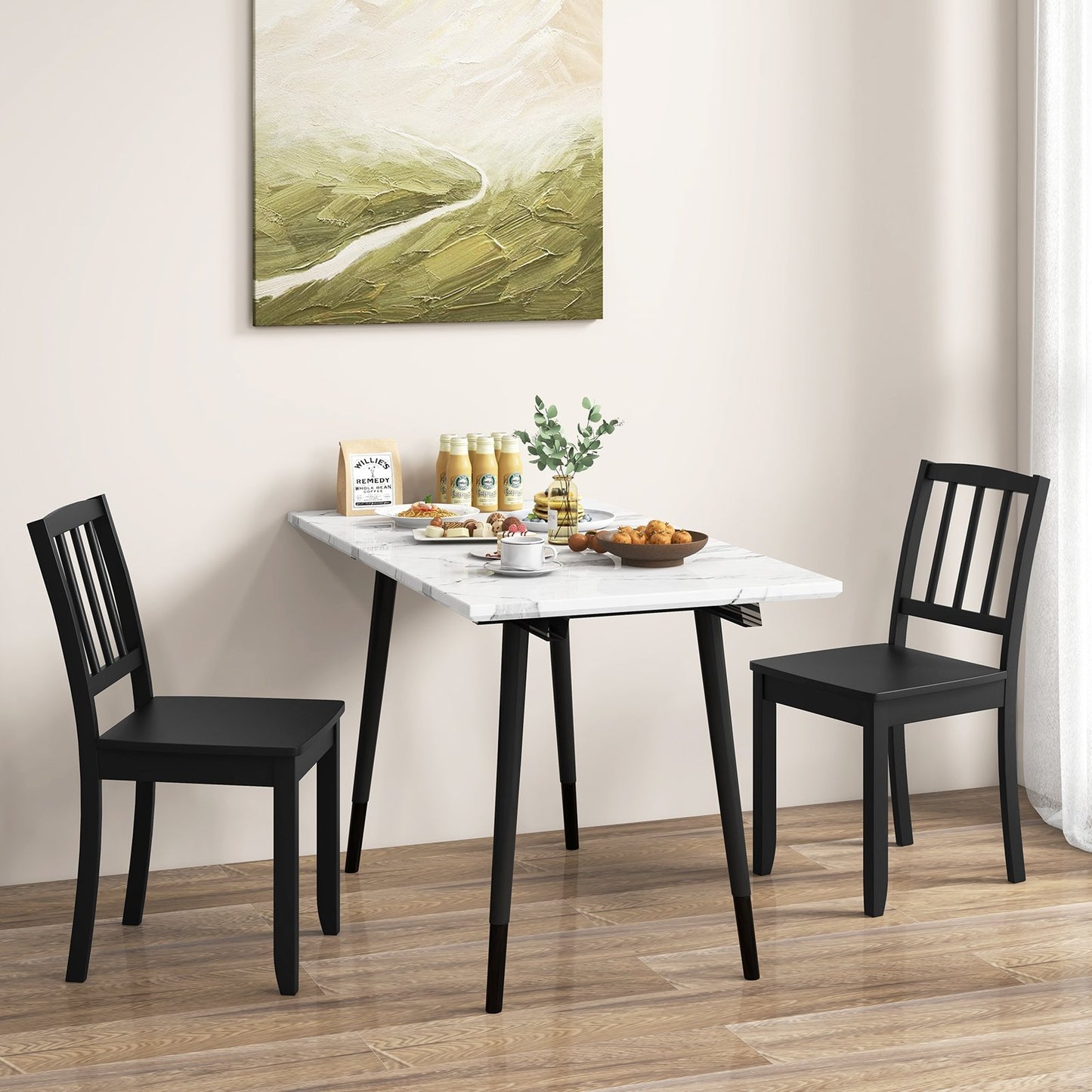 Wooden Dining Chairs with Rubber Wood Legs and Curved Backrest - Black, Set of 2