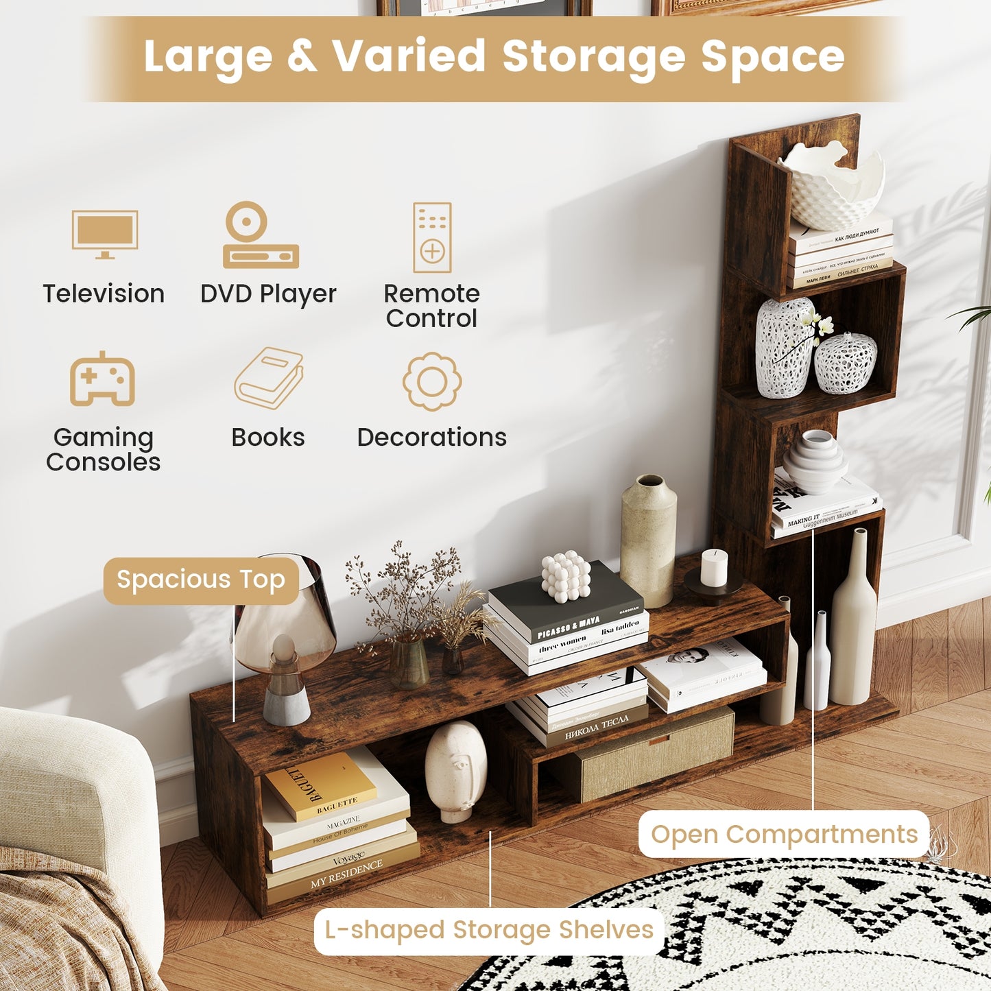 Modern L-Shaped Cube TV Stand with Open Storage Shelves for TVs up to 50 Inches