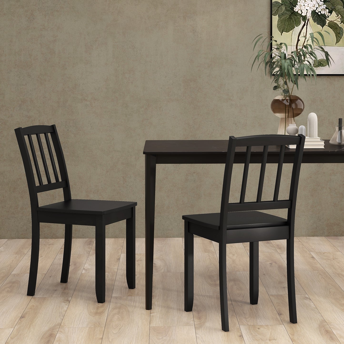 Wooden Dining Chairs with Rubber Wood Legs and Curved Backrest - Black, Set of 2