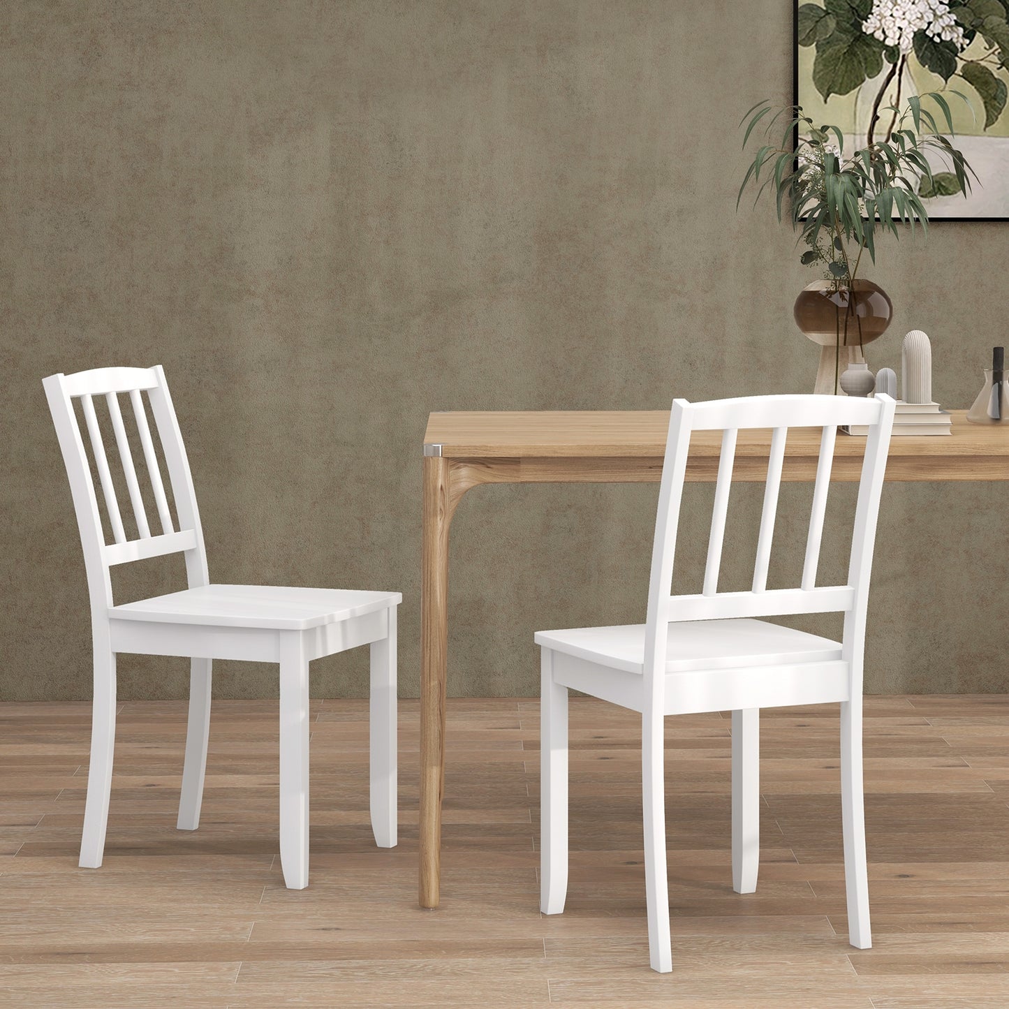 Wooden Dining Chairs with Rubber Wood Legs and Curved Backrest - White, Set of 2