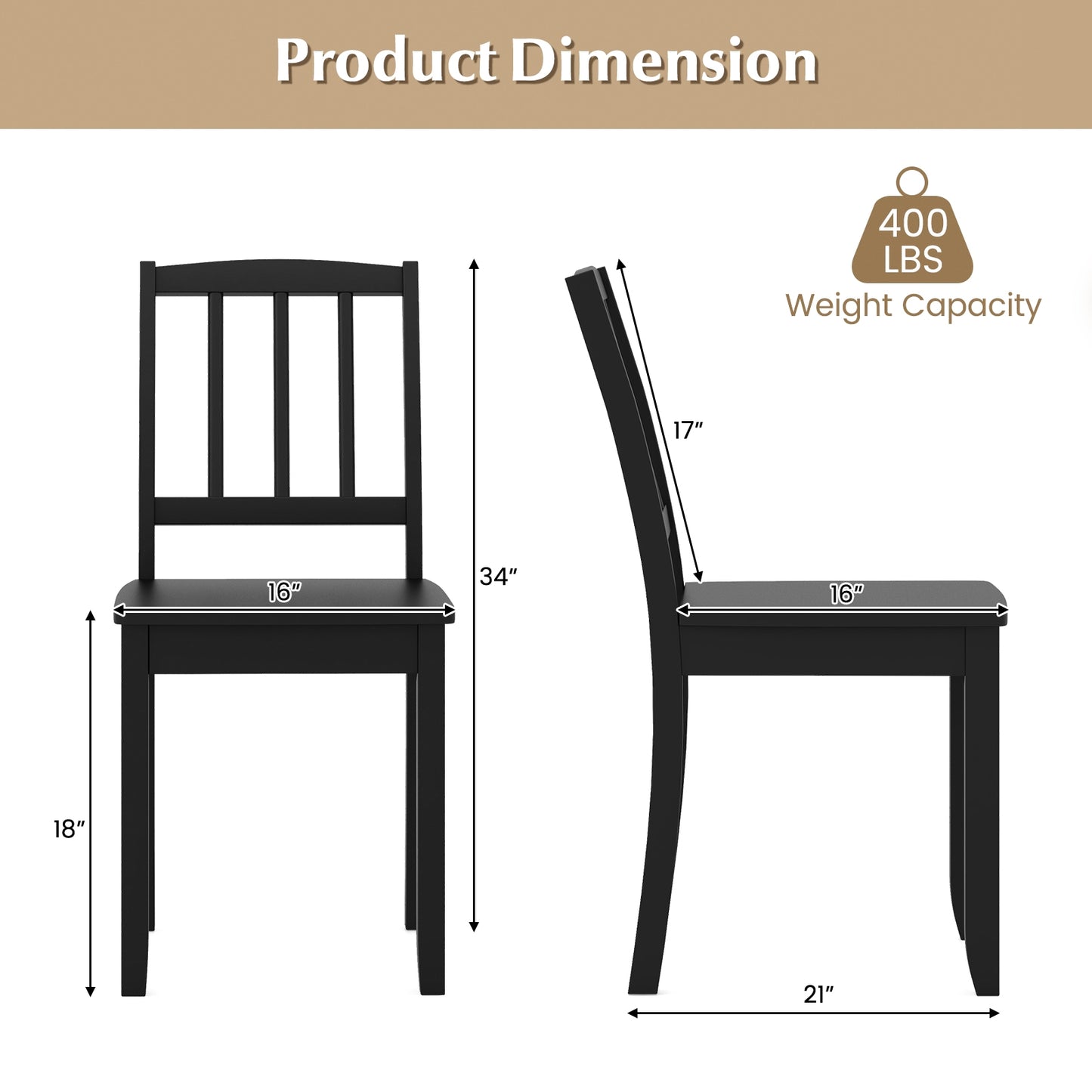 Wooden Dining Chairs with Rubber Wood Legs and Curved Backrest - White, Set of 2