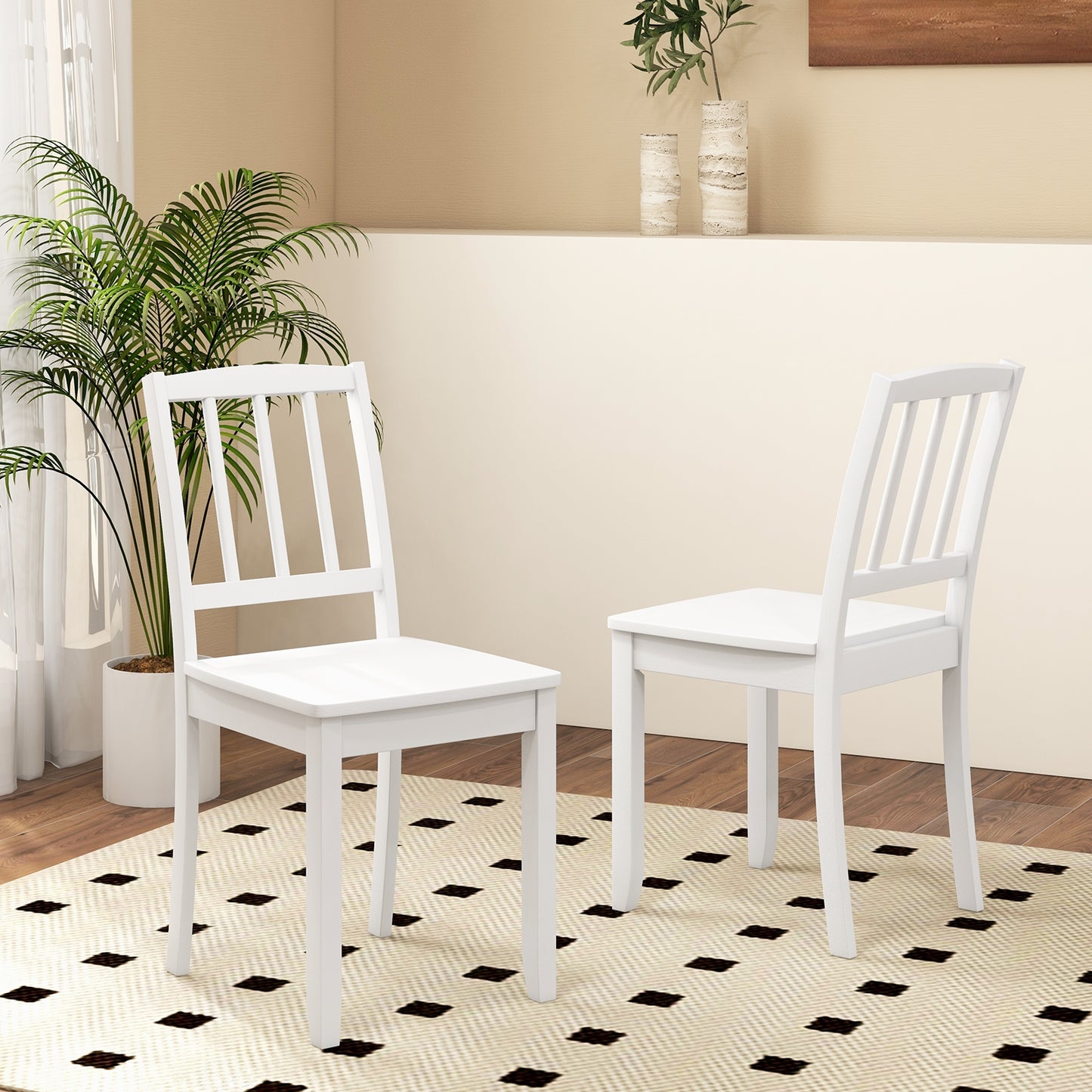 Wooden Dining Chairs with Rubber Wood Legs and Curved Backrest - White, Set of 2