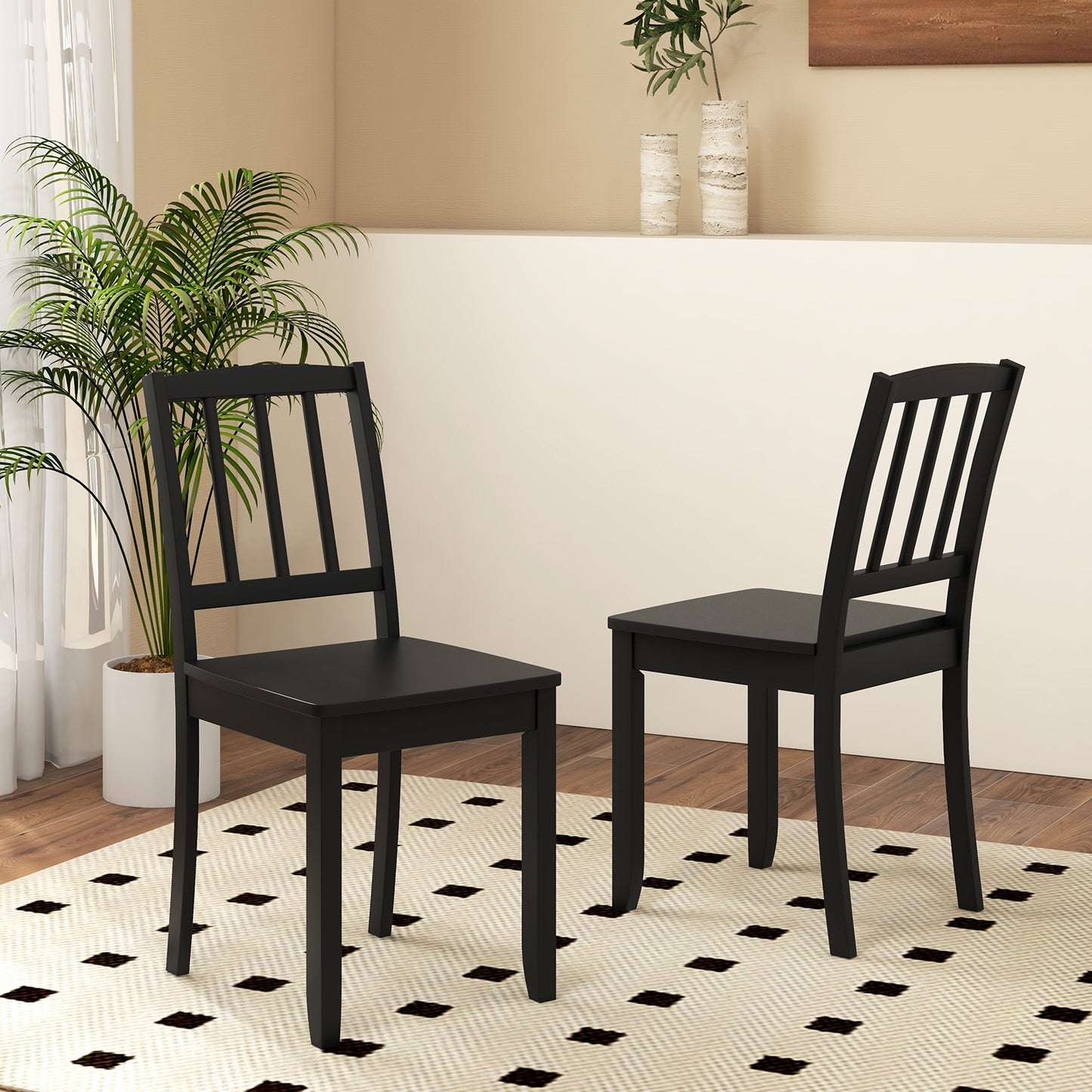 Wooden Dining Chairs with Rubber Wood Legs and Curved Backrest - Black, Set of 2