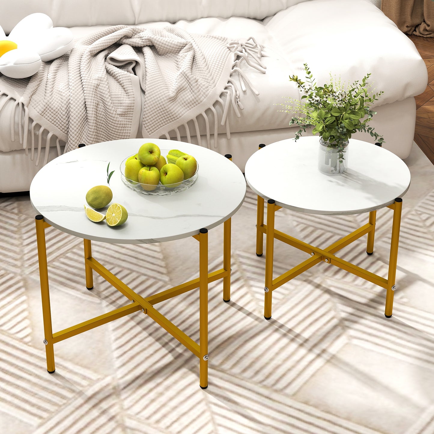 Nesting Round Coffee Table Set of 2 with Metal Base and Wood Top - White
