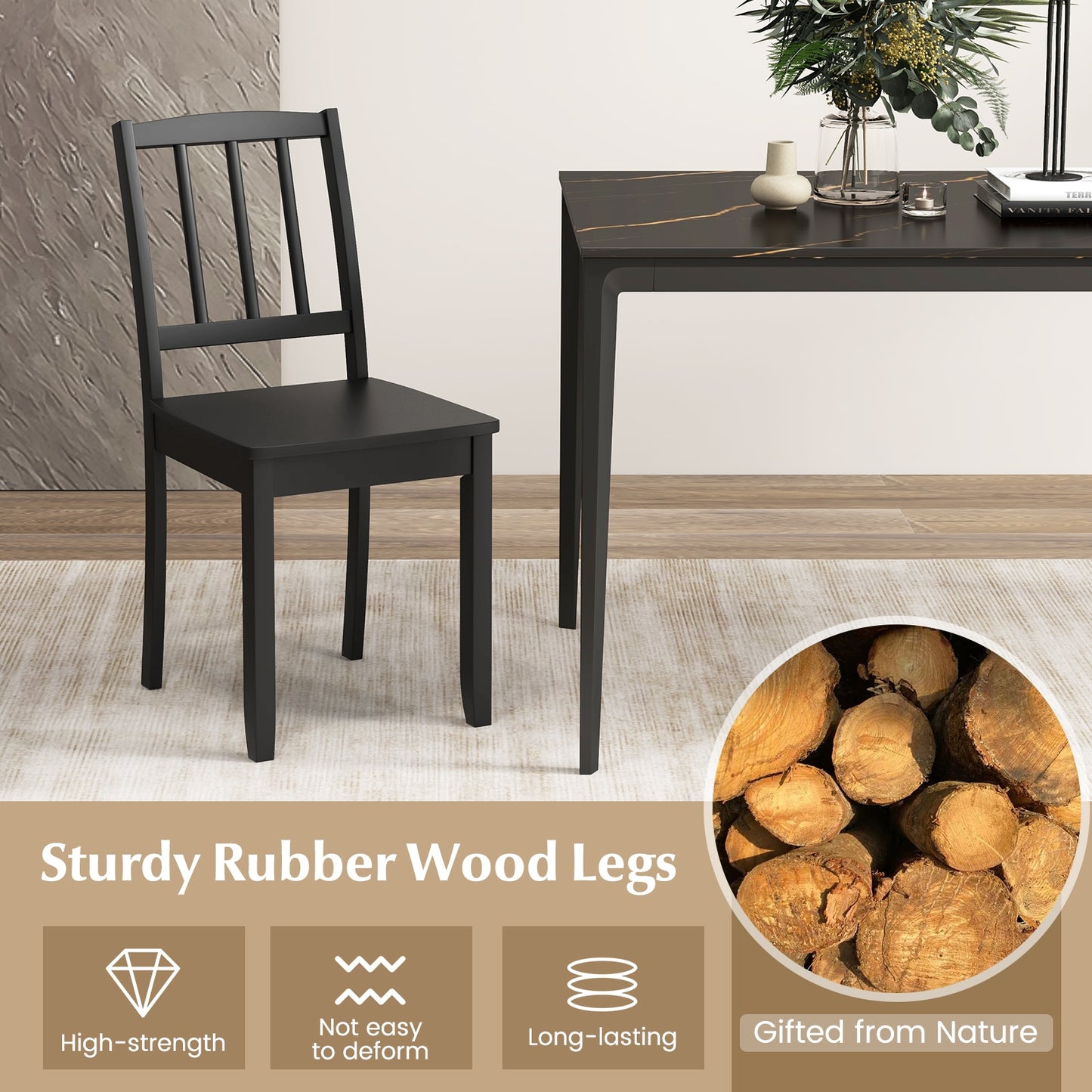 Wooden Dining Chairs with Rubber Wood Legs and Curved Backrest - Black, Set of 2