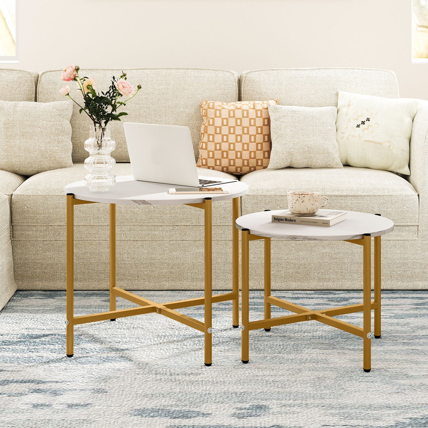 Nesting Round Coffee Table Set of 2 with Metal Base and Wood Top - White
