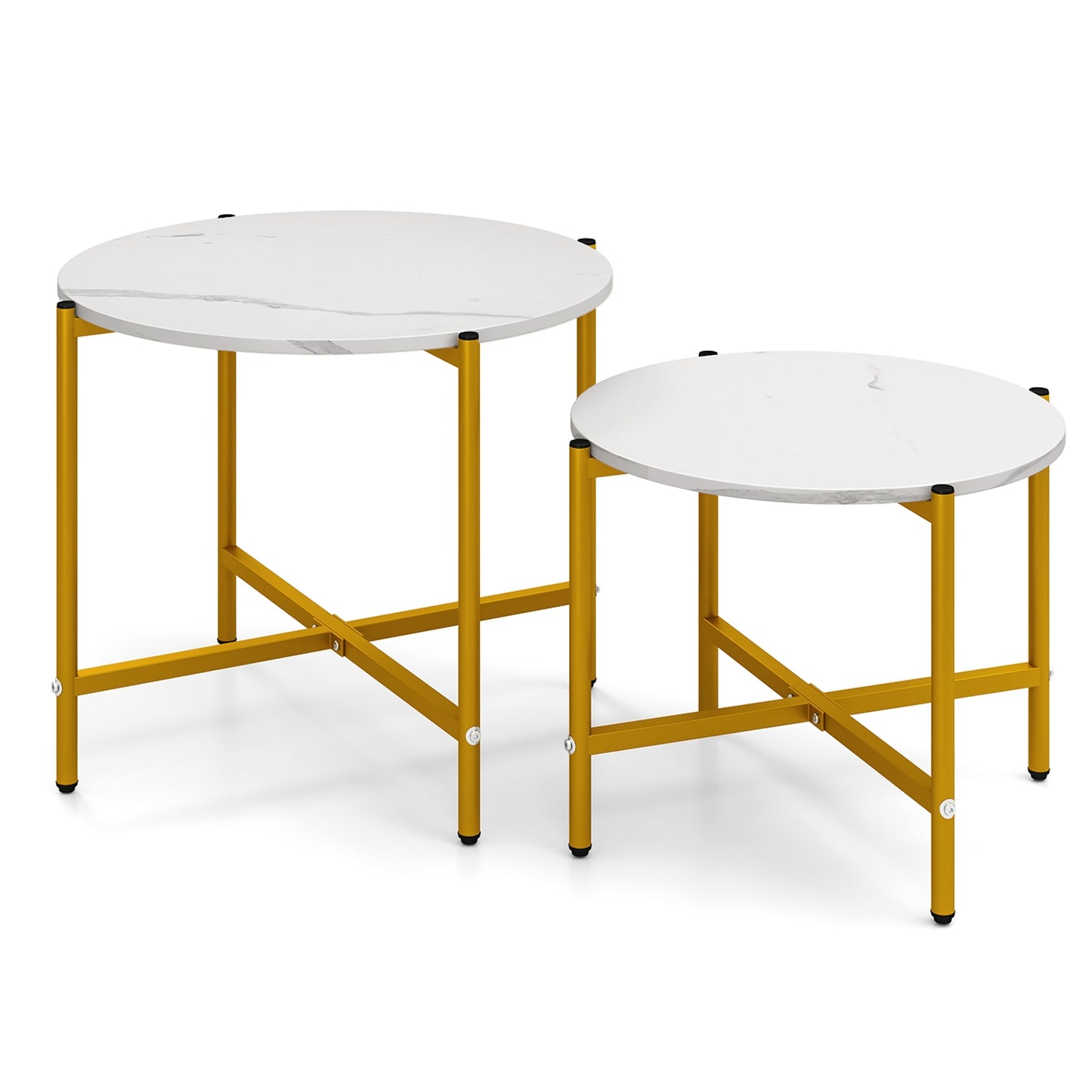 Nesting Round Coffee Table Set of 2 with Metal Base and Wood Top - White