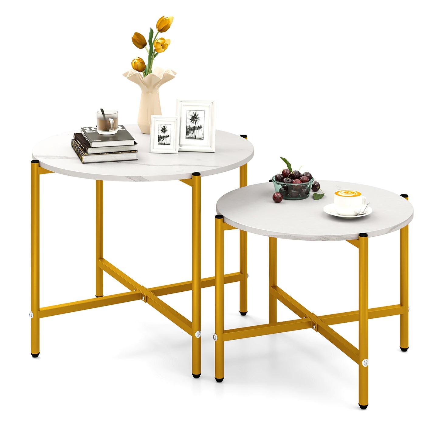Nesting Round Coffee Table Set of 2 with Metal Base and Wood Top - White
