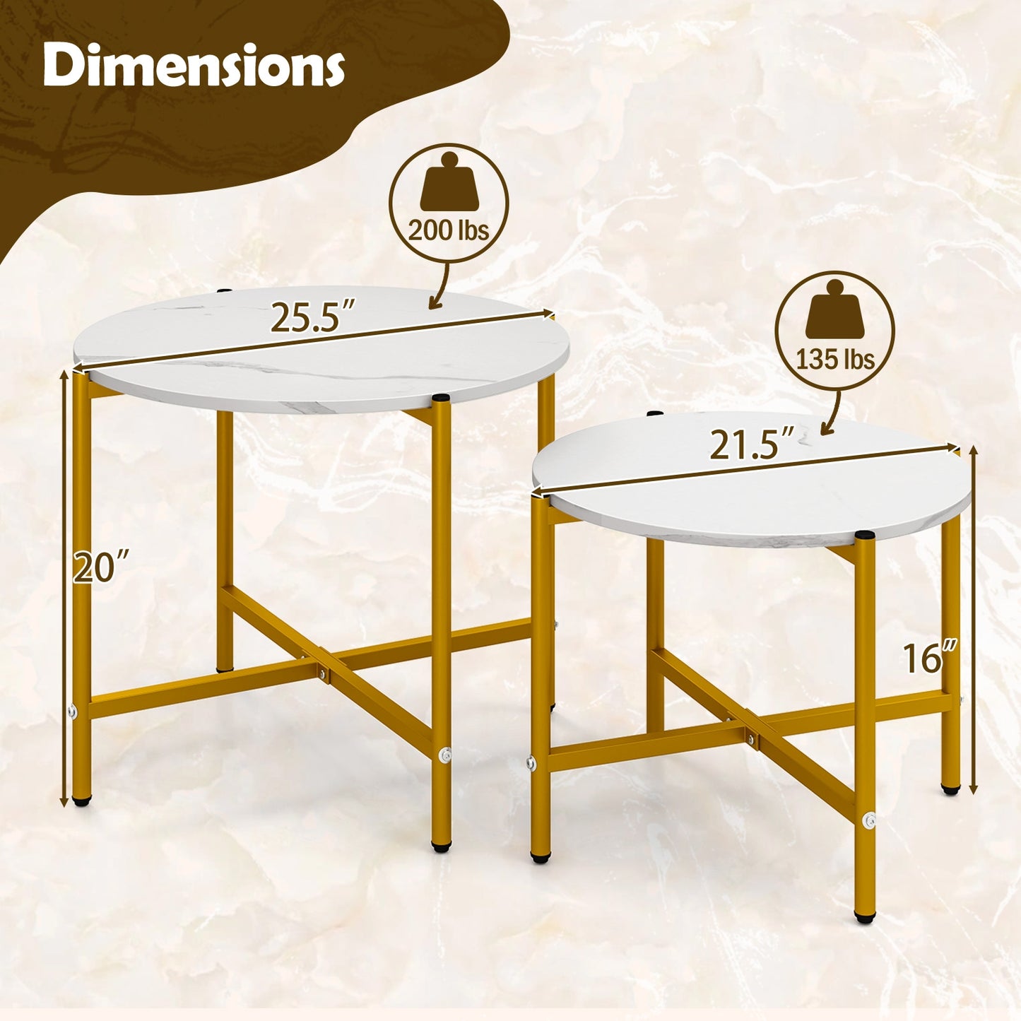 Nesting Round Coffee Table Set of 2 with Metal Base and Wood Top - White