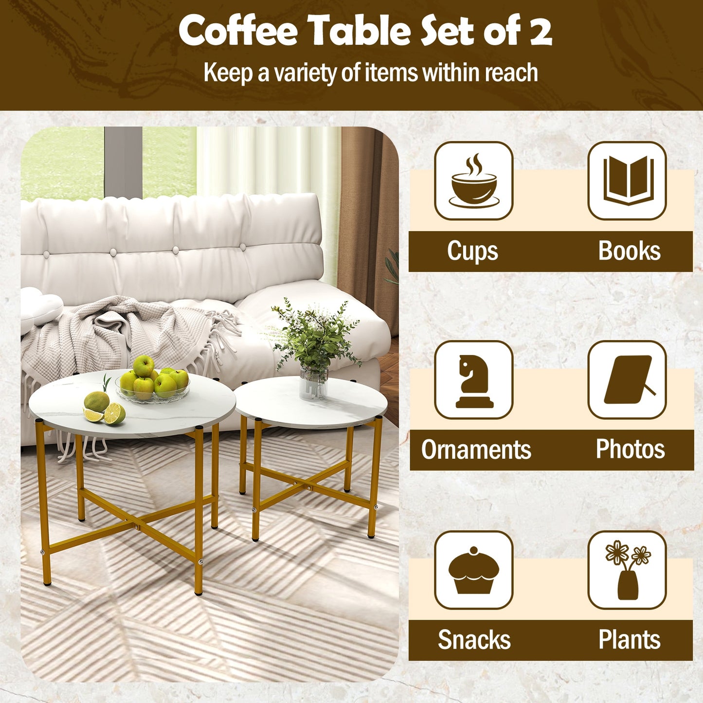 Nesting Round Coffee Table Set of 2 with Metal Base and Wood Top - White