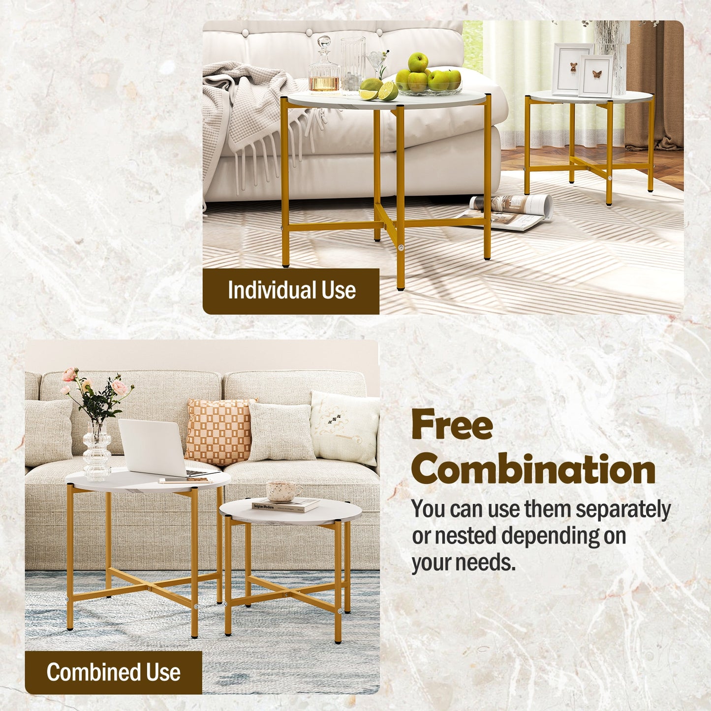 Nesting Round Coffee Table Set of 2 with Metal Base and Wood Top - White