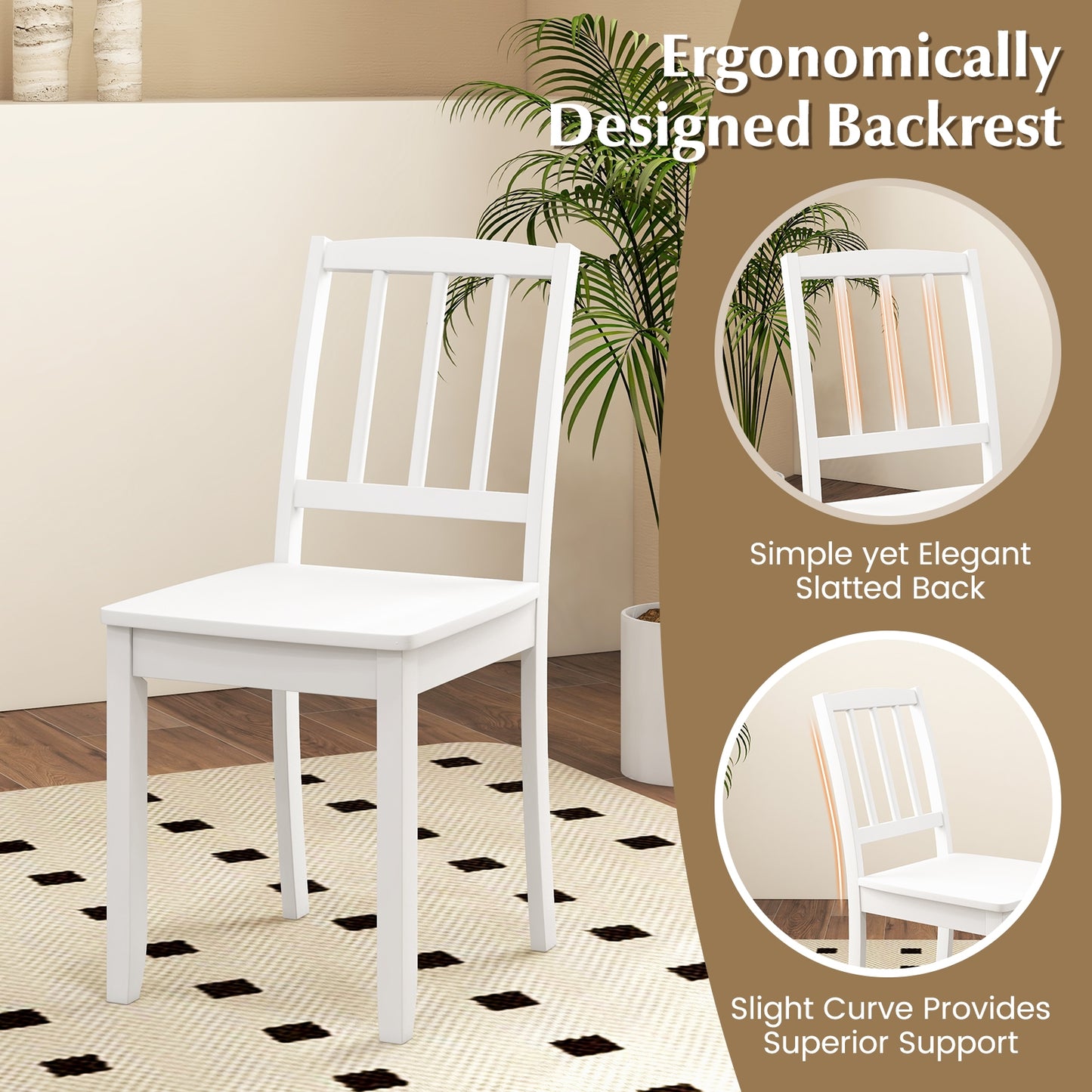 Wooden Dining Chairs with Rubber Wood Legs and Curved Backrest - White, Set of 2