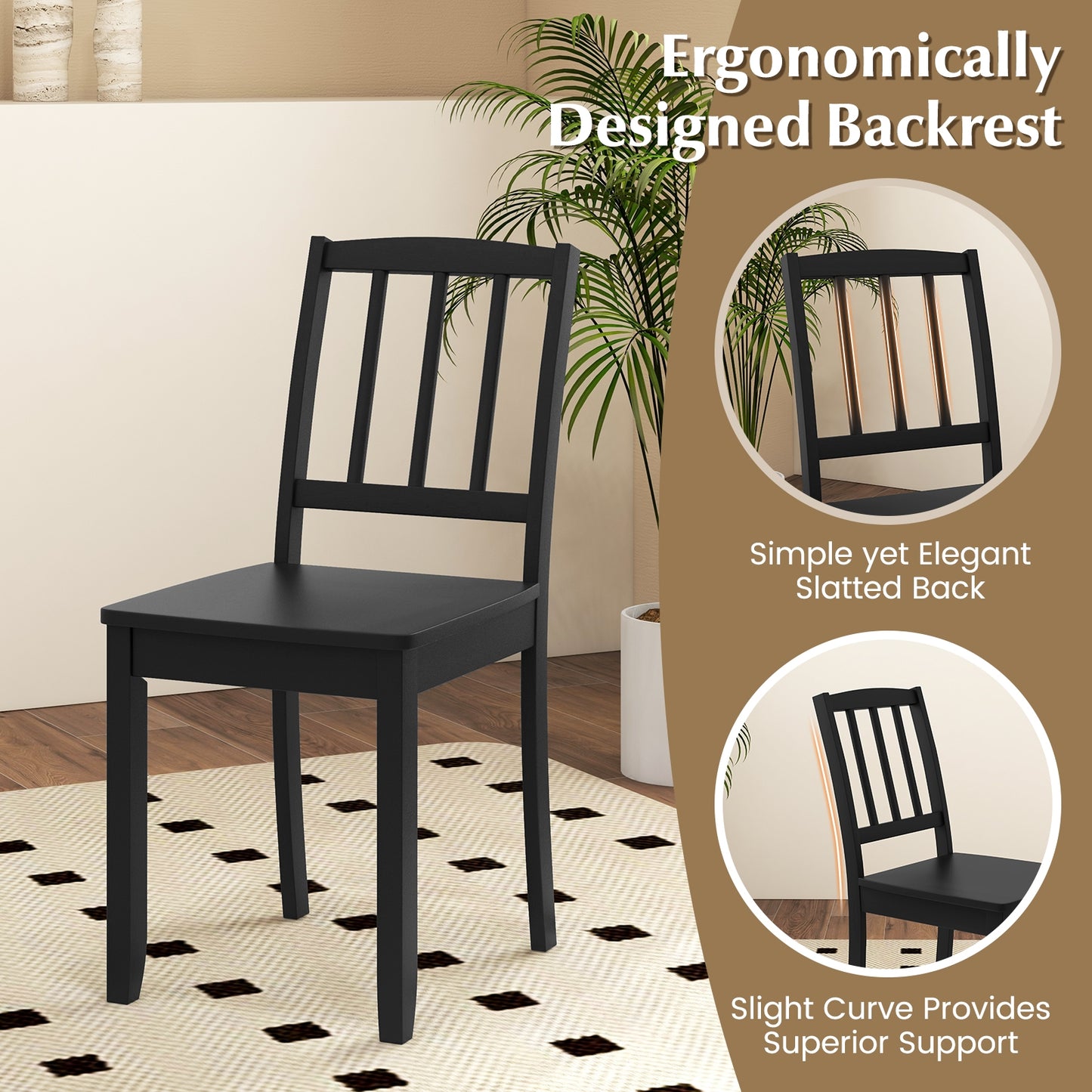 Wooden Dining Chairs with Rubber Wood Legs and Curved Backrest - Black, Set of 2