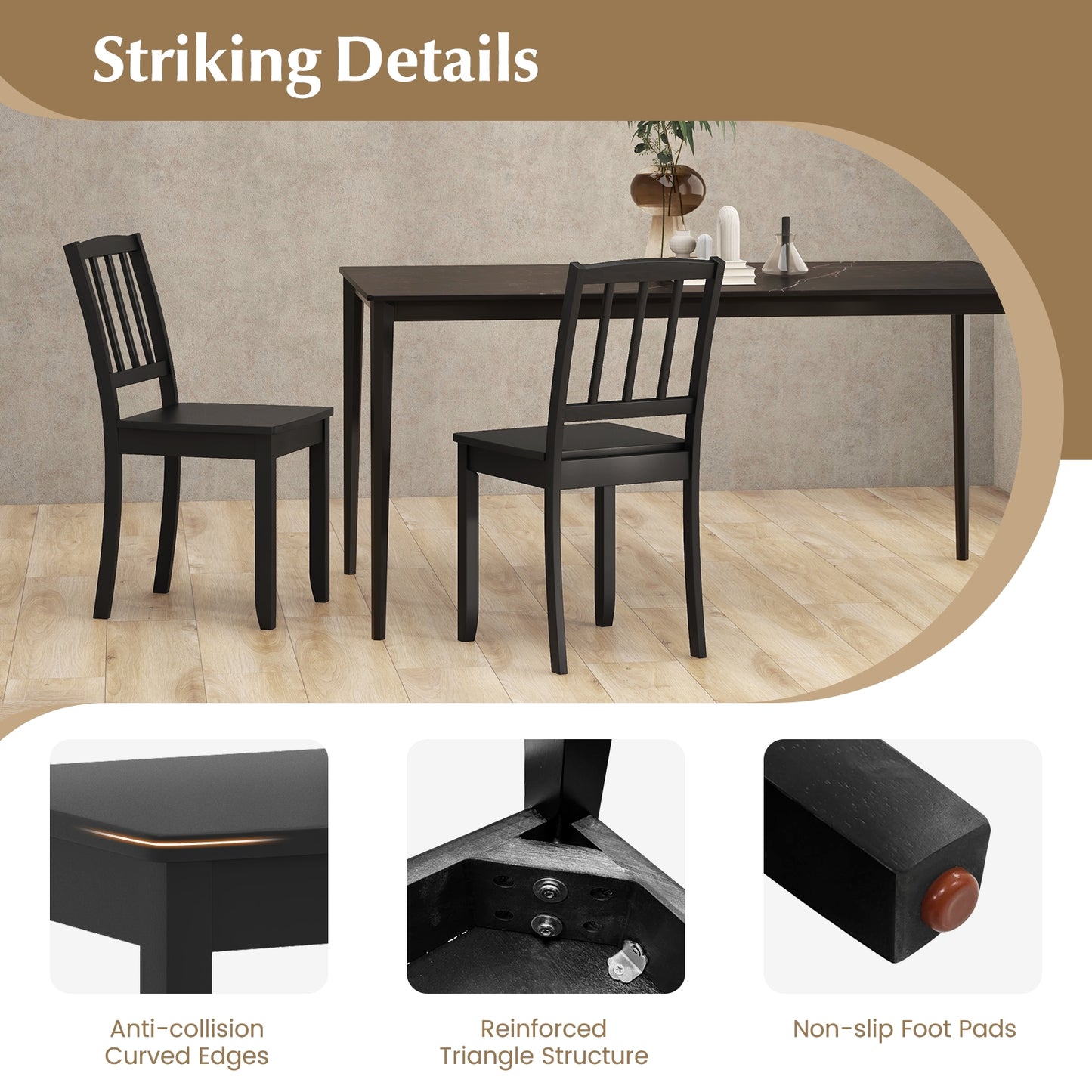 Wooden Dining Chairs with Rubber Wood Legs and Curved Backrest - Black, Set of 2