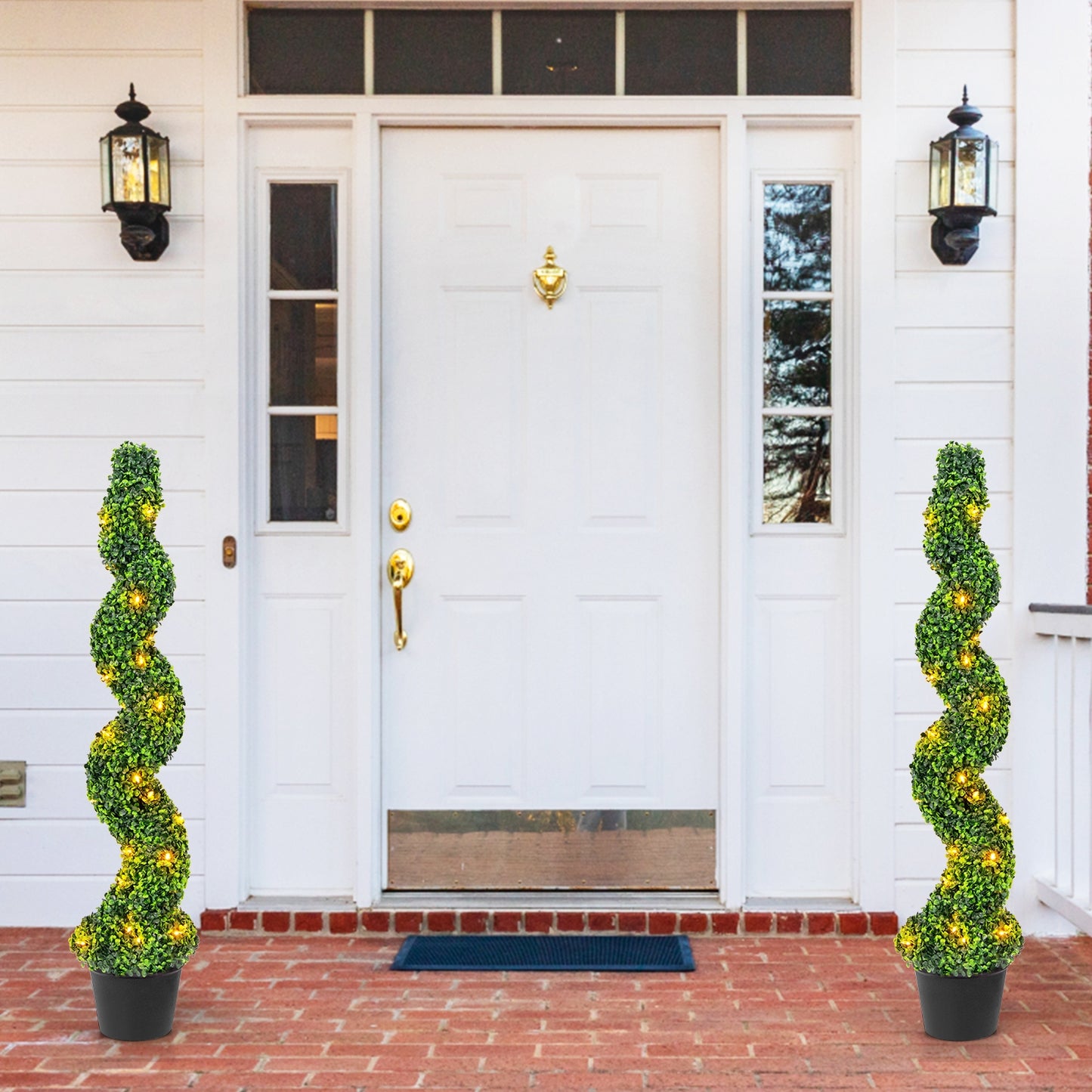 Set of 2 Pre-Lit Spiral Boxwood Topiary Trees with 100 LED Lights – Artificial Potted Greenery for Indoor & Outdoor Decor