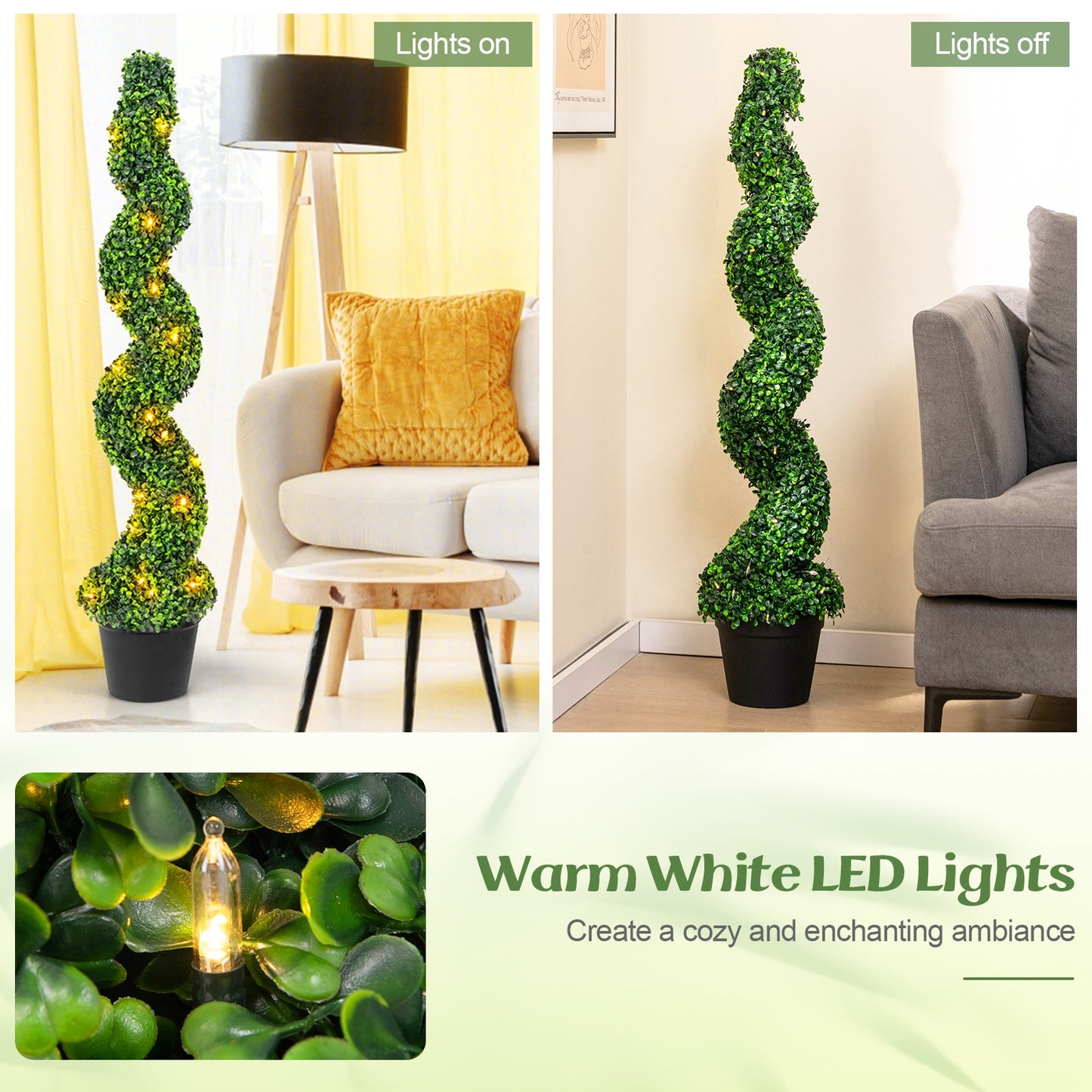 Set of 2 Pre-Lit Spiral Boxwood Topiary Trees with 100 LED Lights – Artificial Potted Greenery for Indoor & Outdoor Decor