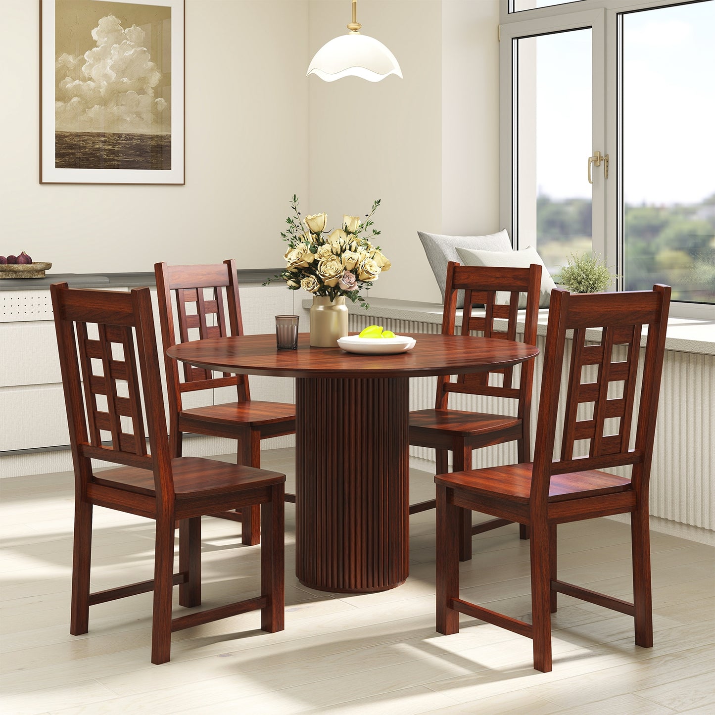 Solid Wood Dining Chairs with Curved Backrest and Natural Finish Set of 2