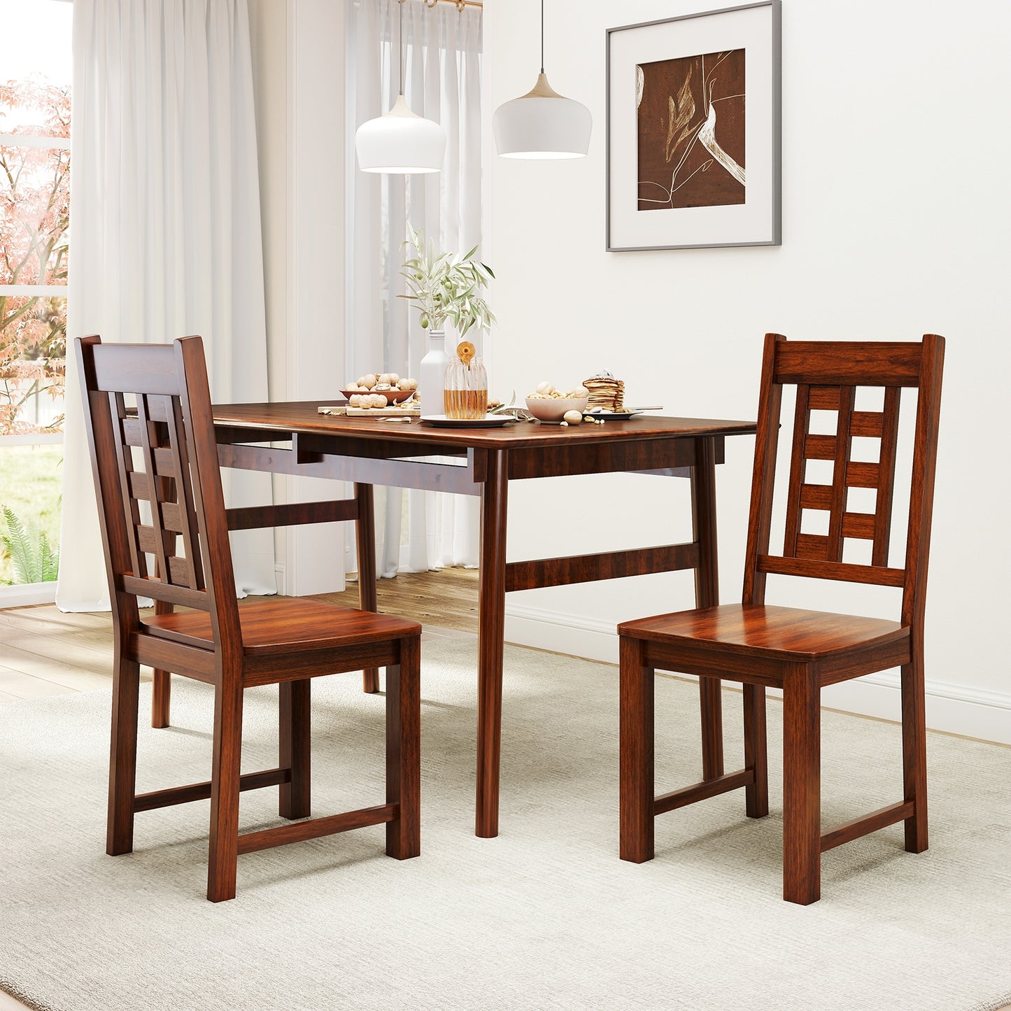 Solid Wood Dining Chairs with Curved Backrest and Natural Finish Set of 2