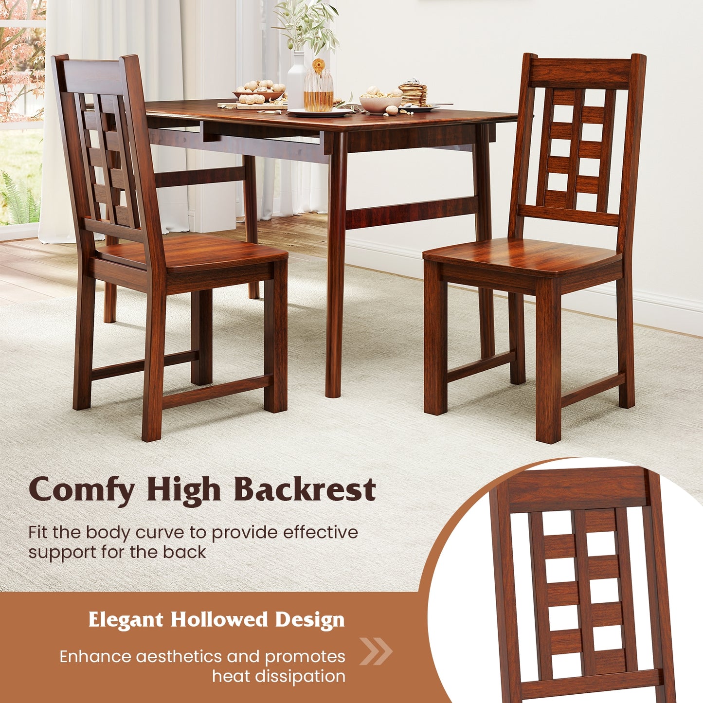 Solid Wood Dining Chairs with Curved Backrest and Natural Finish Set of 2