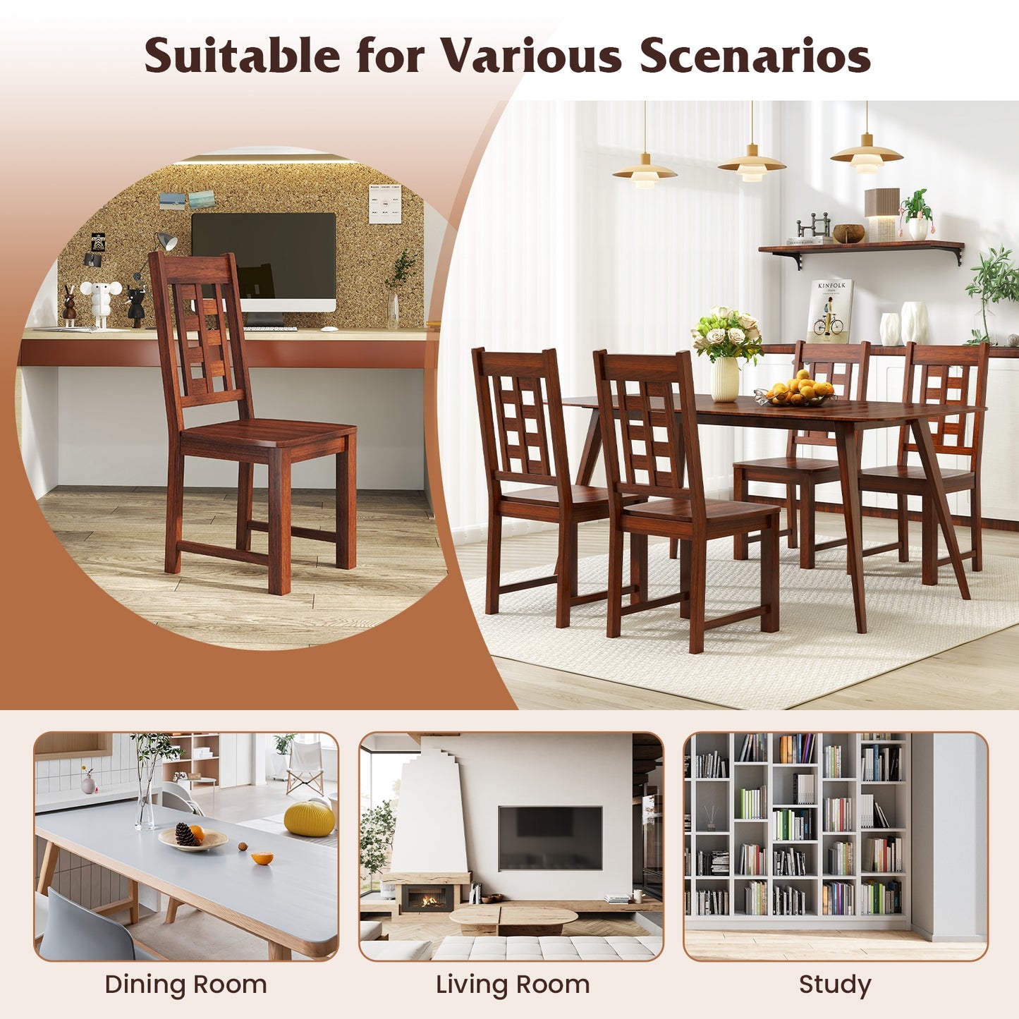 Solid Wood Dining Chairs with Curved Backrest and Natural Finish Set of 2