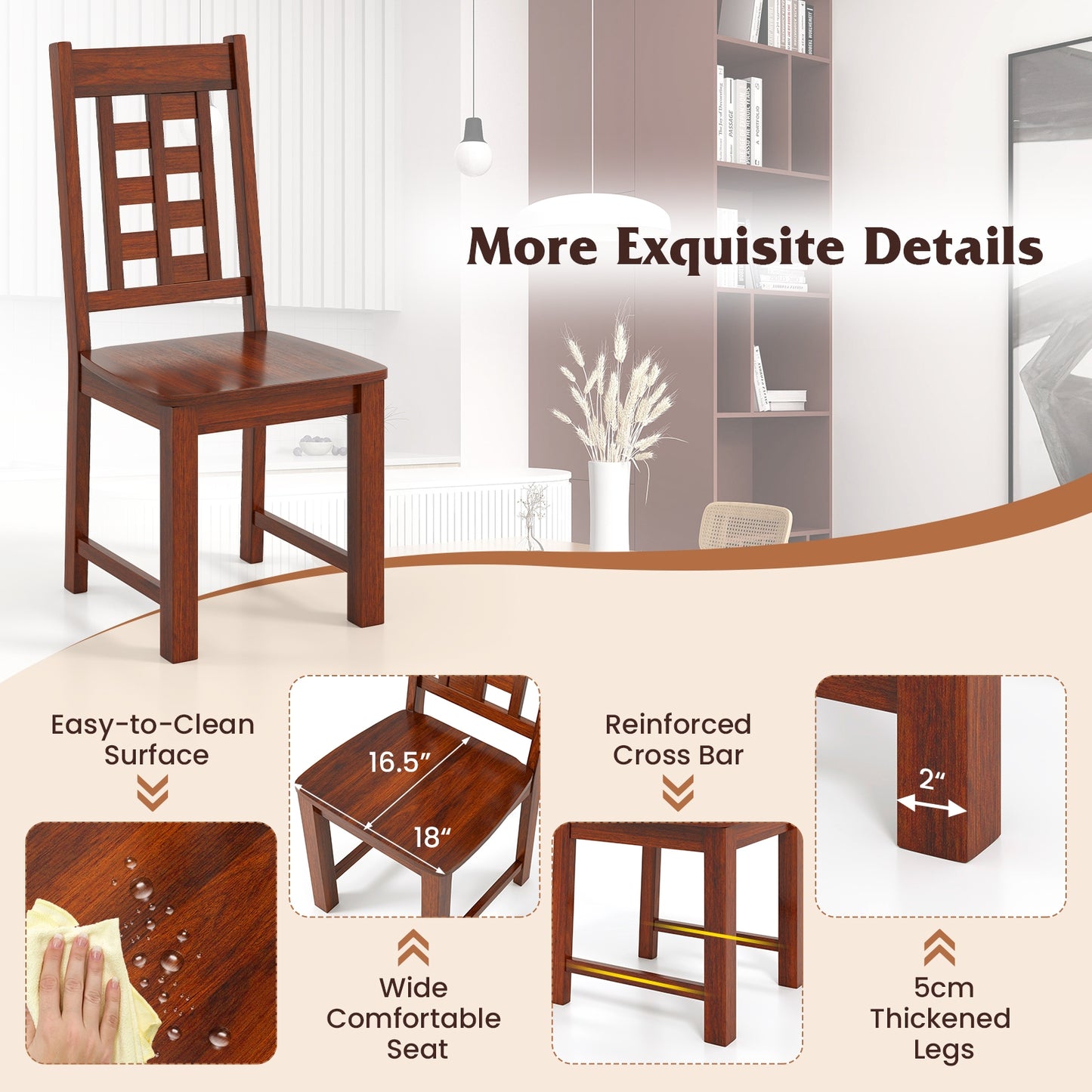 Solid Wood Dining Chairs with Curved Backrest and Natural Finish Set of 2