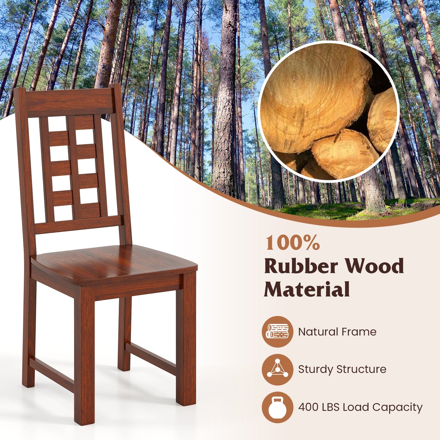 Solid Wood Dining Chairs with Curved Backrest and Natural Finish Set of 2