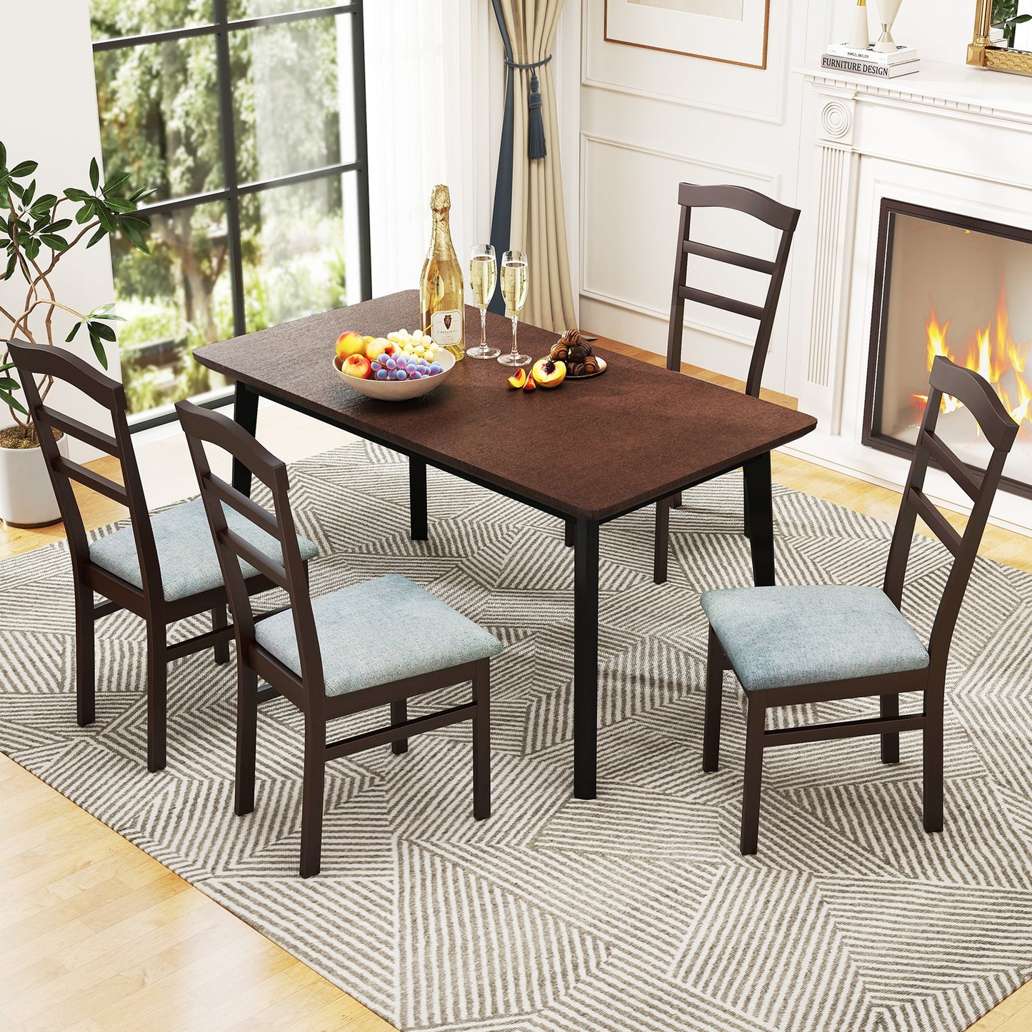 Farmhouse Wooden Dining Chairs Set of 2 with Linen Upholstery and Curved Back