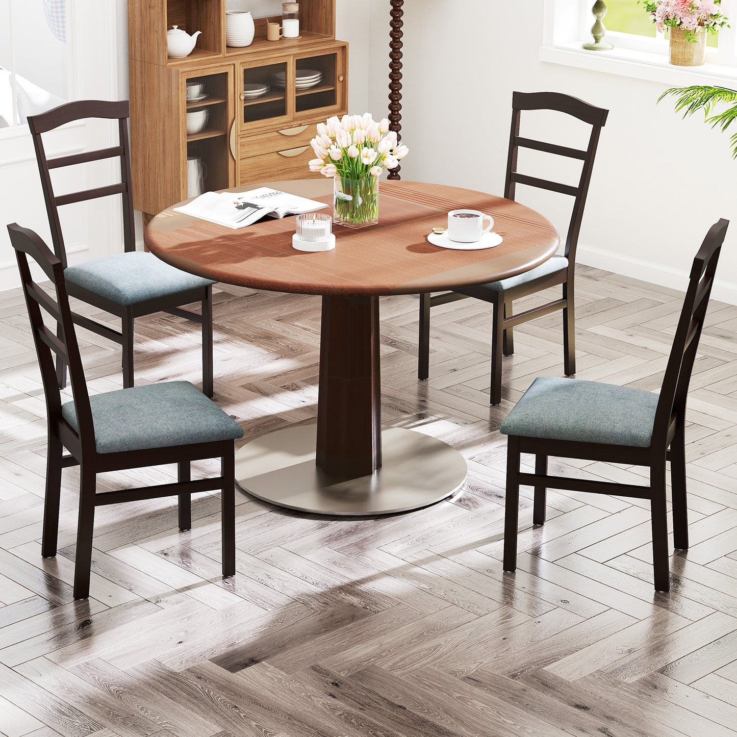 Farmhouse Wooden Dining Chairs Set of 2 with Linen Upholstery and Curved Back