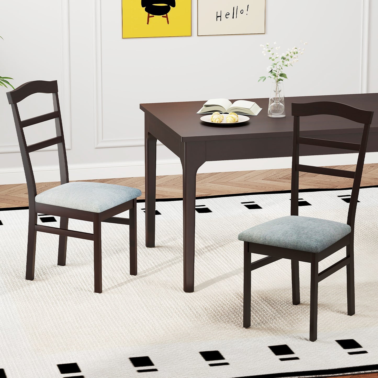 Farmhouse Wooden Dining Chairs Set of 2 with Linen Upholstery and Curved Back