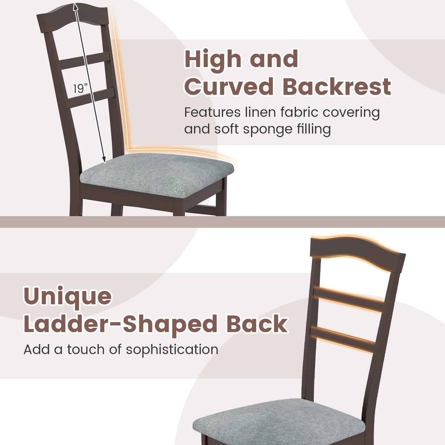 Farmhouse Wooden Dining Chairs Set of 2 with Linen Upholstery and Curved Back