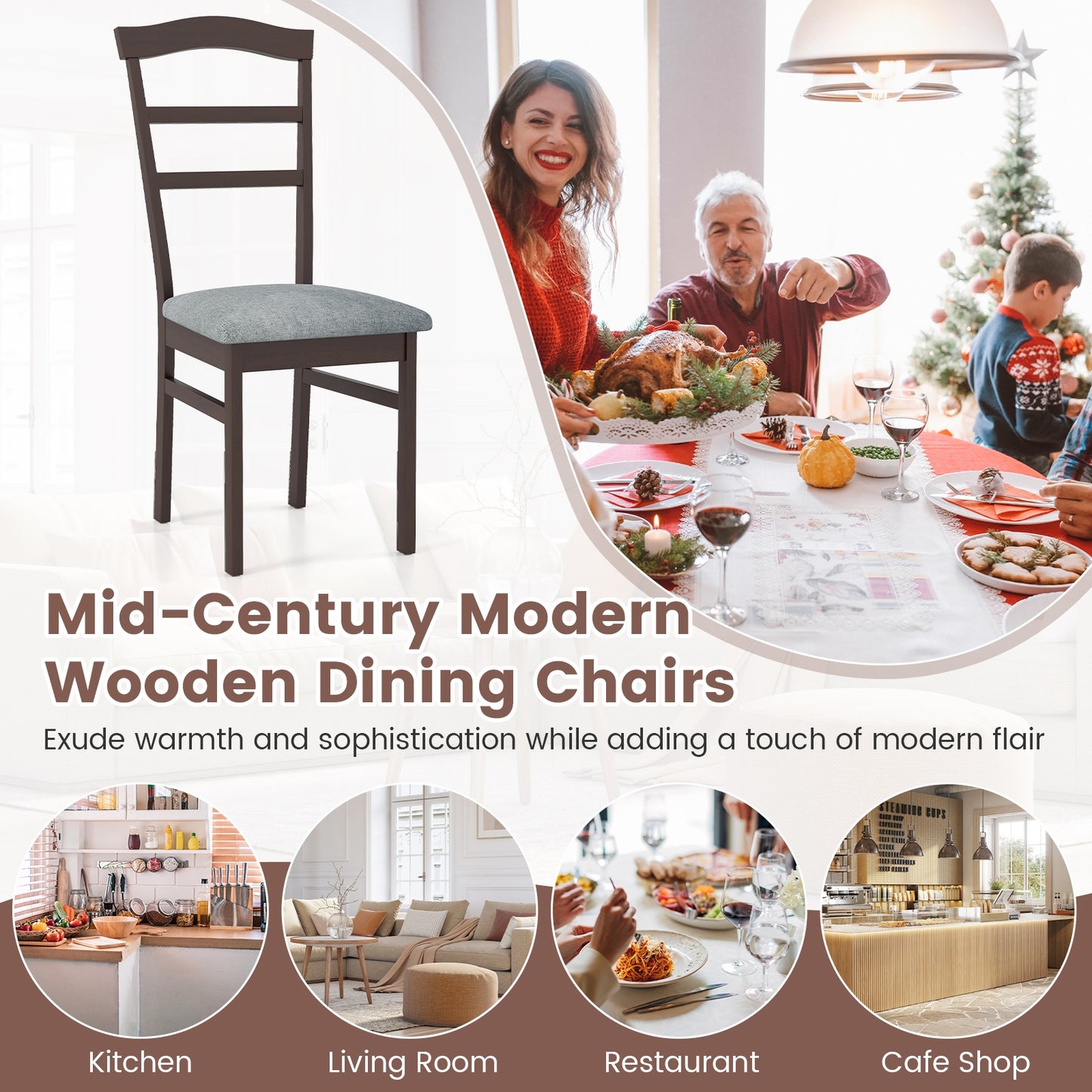 Farmhouse Wooden Dining Chairs Set of 2 with Linen Upholstery and Curved Back