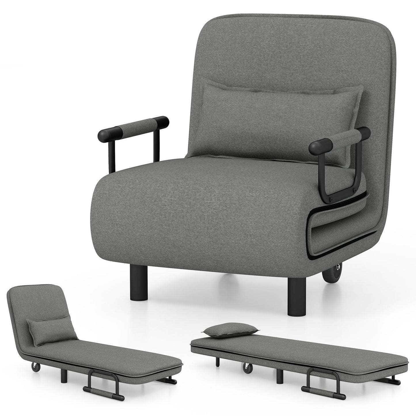Modern 3 in 1 Sofa Chair Lounger Bed with Adjustable Backrest and Support Pillow in Grey