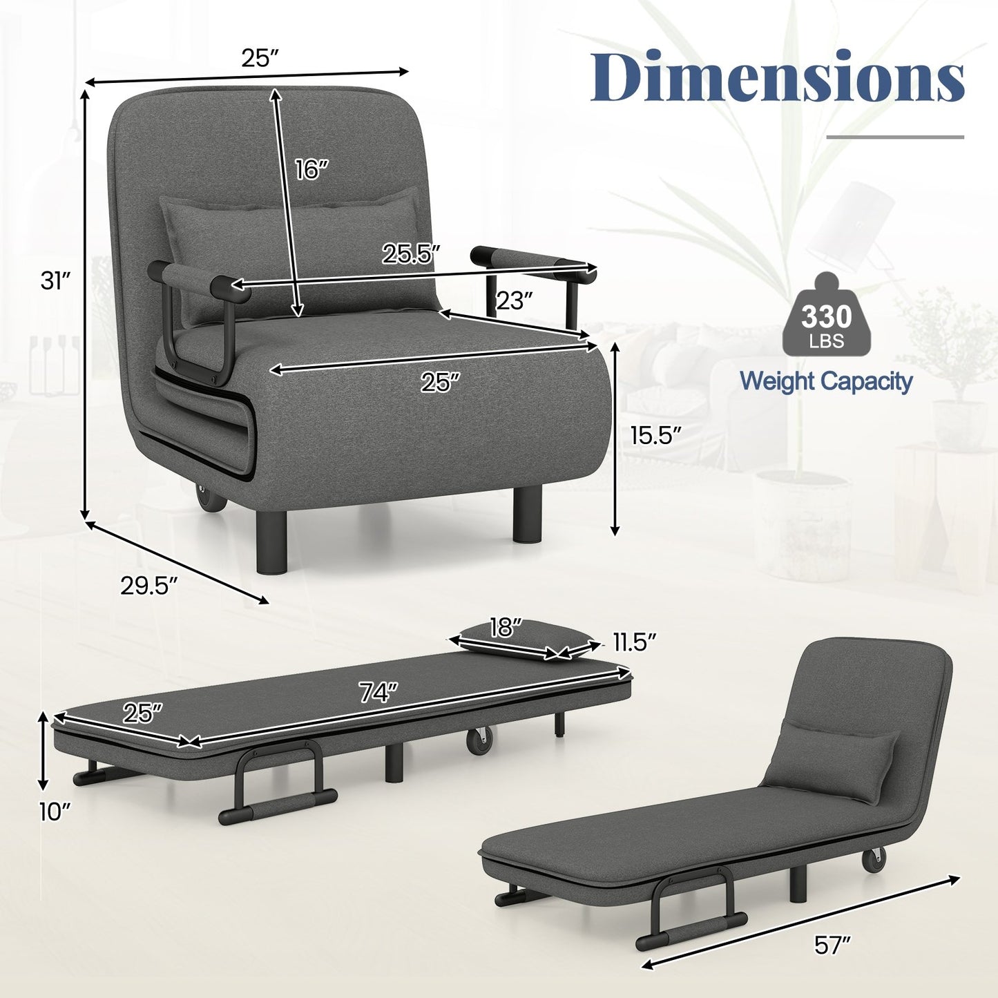 Modern 3 in 1 Sofa Chair Lounger Bed with Adjustable Backrest and Support Pillow in Grey