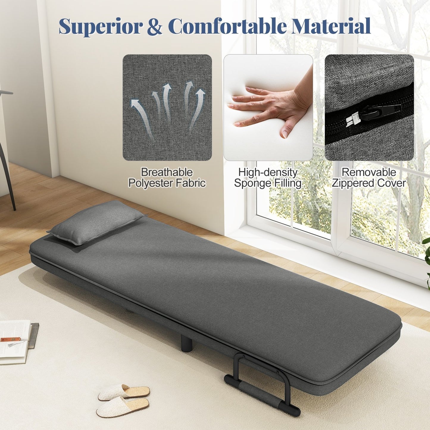 Modern 3 in 1 Sofa Chair Lounger Bed with Adjustable Backrest and Support Pillow in Grey