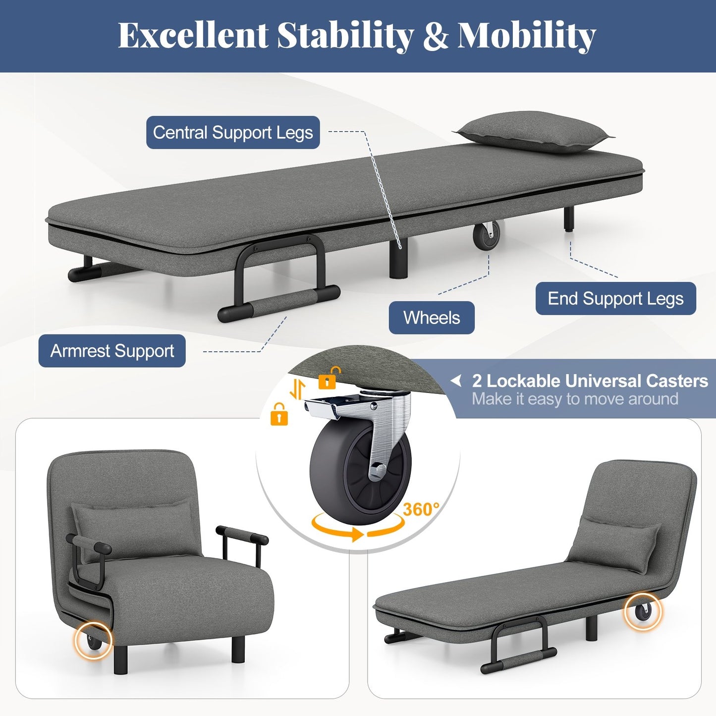 Modern 3 in 1 Sofa Chair Lounger Bed with Adjustable Backrest and Support Pillow in Grey