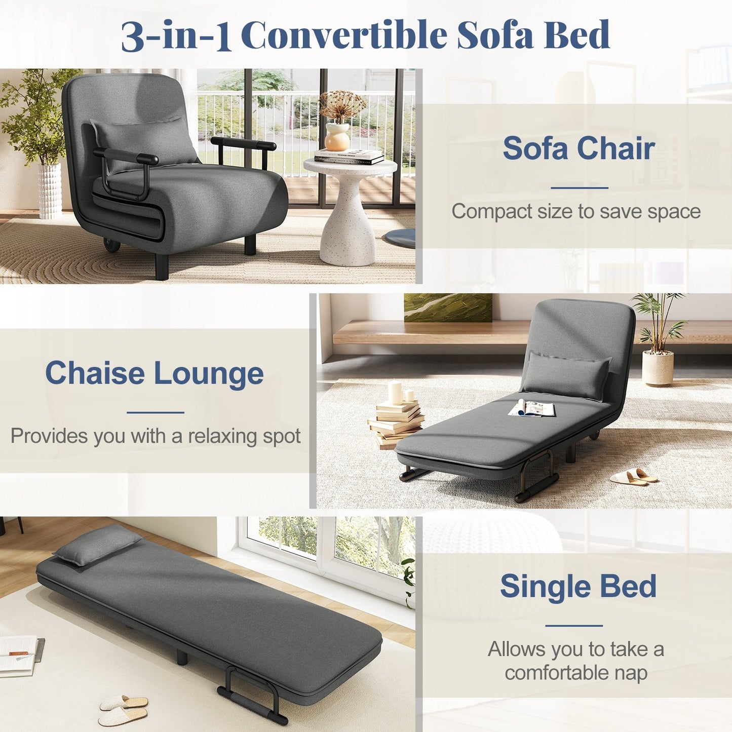 Modern 3 in 1 Sofa Chair Lounger Bed with Adjustable Backrest and Support Pillow in Grey