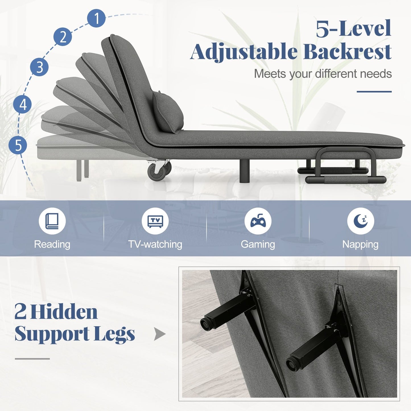 Modern 3 in 1 Sofa Chair Lounger Bed with Adjustable Backrest and Support Pillow in Grey