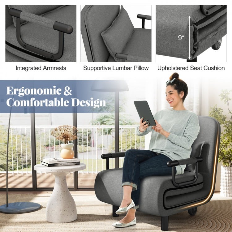Modern 3 in 1 Sofa Chair Lounger Bed with Adjustable Backrest and Support Pillow in Grey